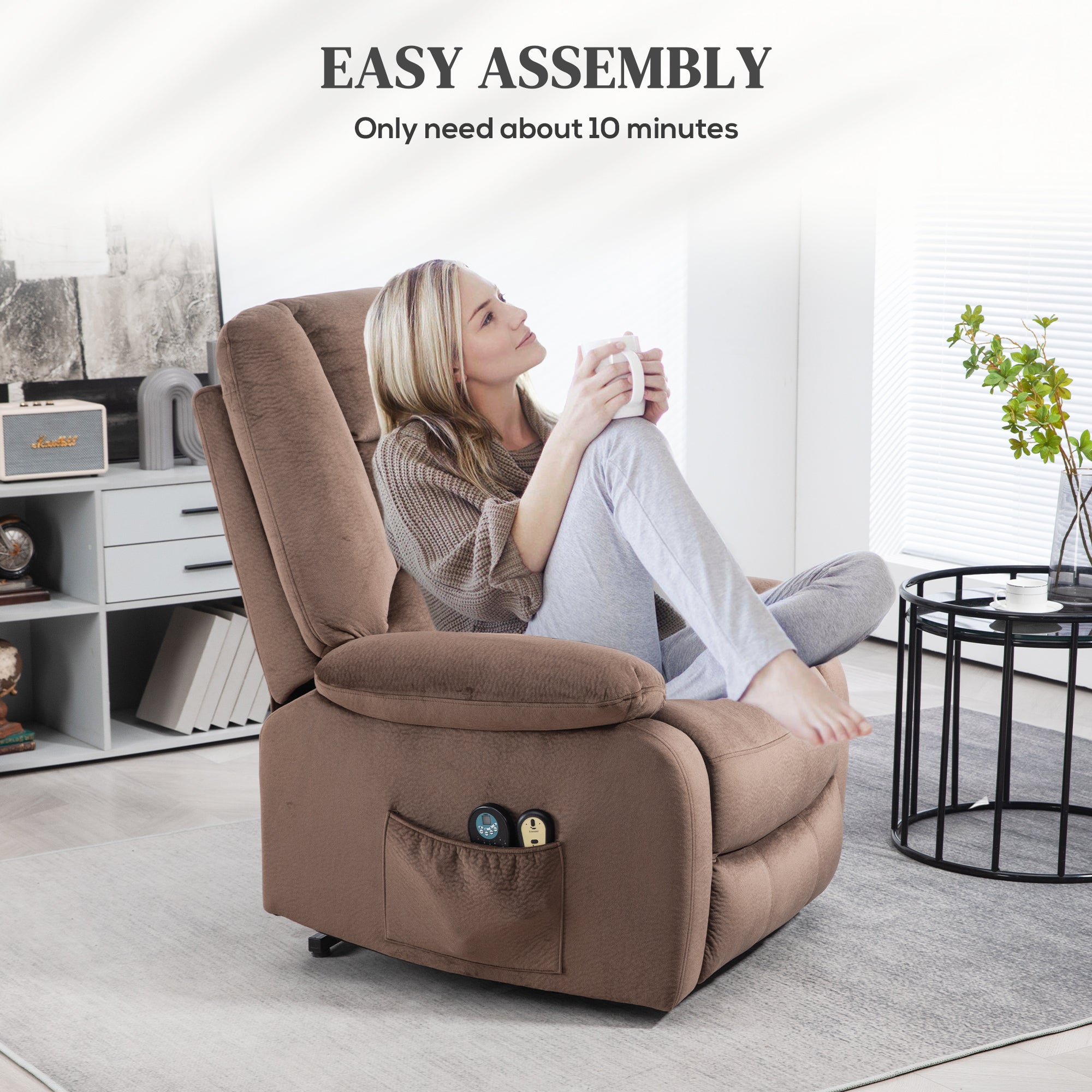 HOMCOM Velvet-Feel Electric Lift-and-Recline Massage Armchair, with Remote - Brown - North Peak Garden Furniture
