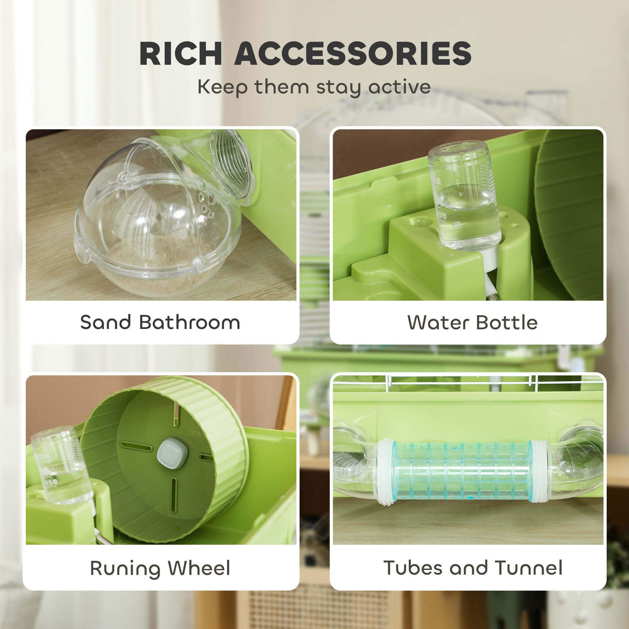 PawHut 3-Tier Hamster Cage with Transparent Top, Sand Bathroom, Exercise Wheel, Hideout Room, Tubes, 45 x 28 x 60 cm, Green - North Peak Garden Furniture