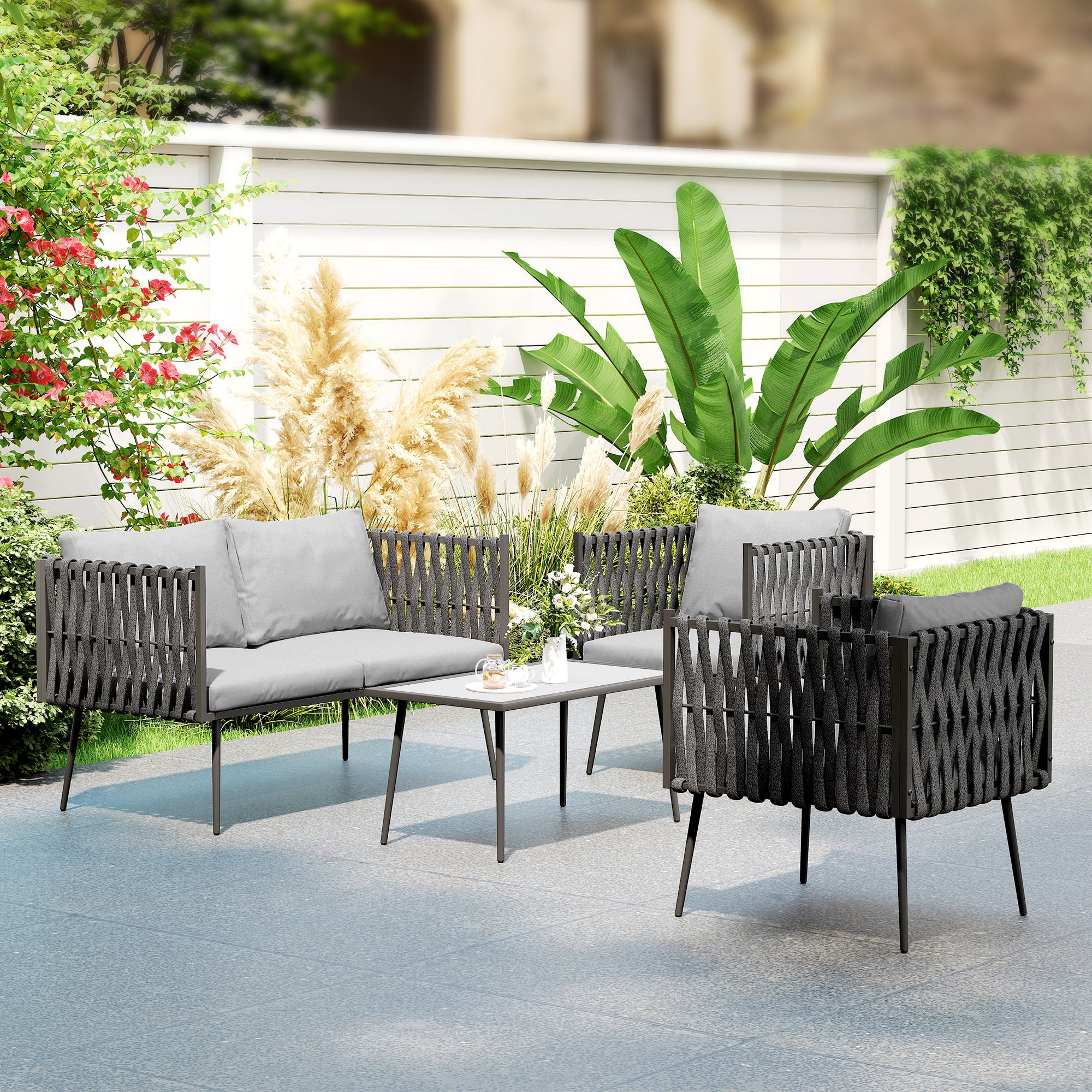 Outsunny 4-Piece Garden Furniture Set with Cushions - Light Grey - North Peak Garden Furniture