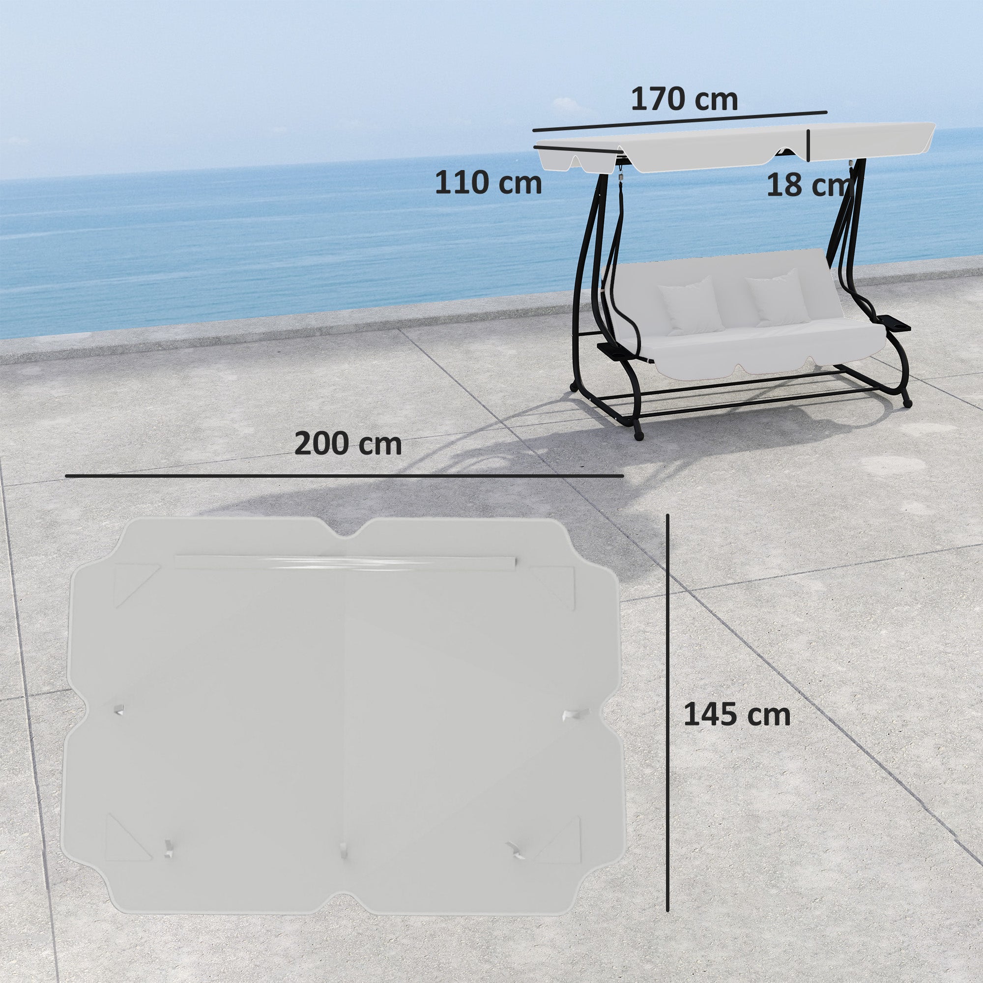 Outsunny Garden Swing Canopy Replacement 3 Seater, Waterproof Garden Swing Seat Canopy Cover, Windproof Anti-UV Sun Shade (Canopy Only) for Patio, Balcony, Dark Grey - North Peak Garden Furniture