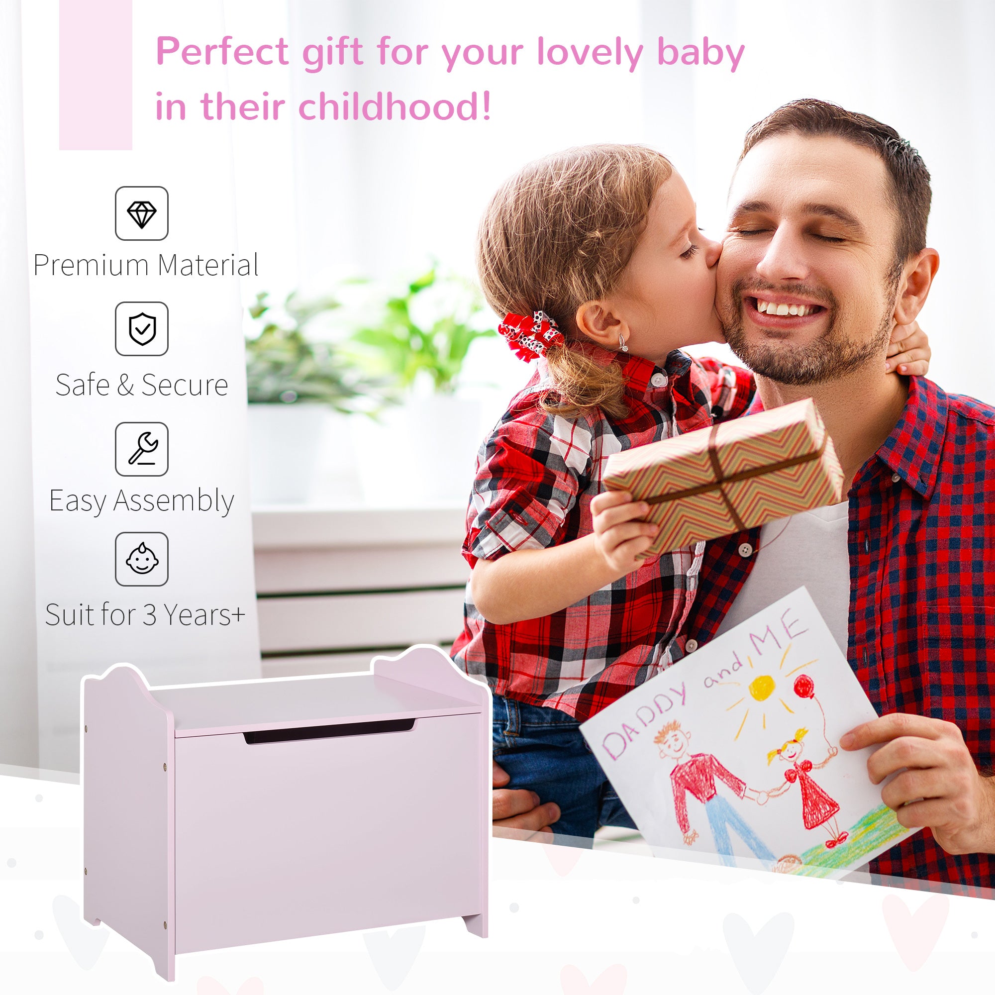 HOMCOM Wooden Kids Toy Box Children Storage Organizer Chest Safety Hinge Playroom Furniture Pink - North Peak Garden Furniture