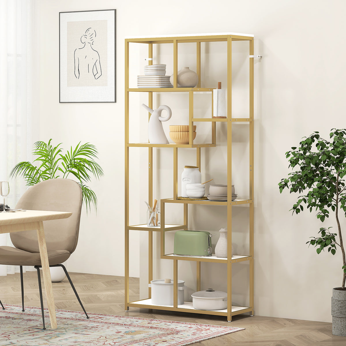 HOMCOM Seven-Tier Geometric Bookcase - White/Gold Tone