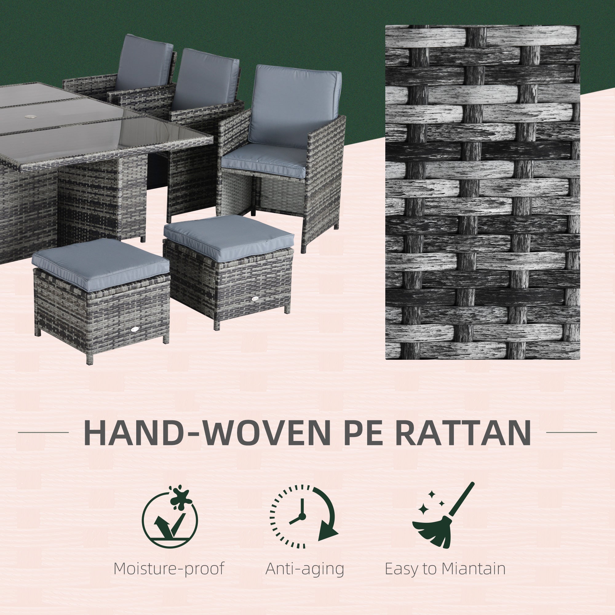Outsunny 10 Seater Rattan Cube Garden Furniture Set with Parasol Hole, Rattan Dining Set with Cushions, Outdoor Dining Table and Chairs with Rectangular Glass Top Table for Patio, Mixed Grey - North Peak Garden Furniture