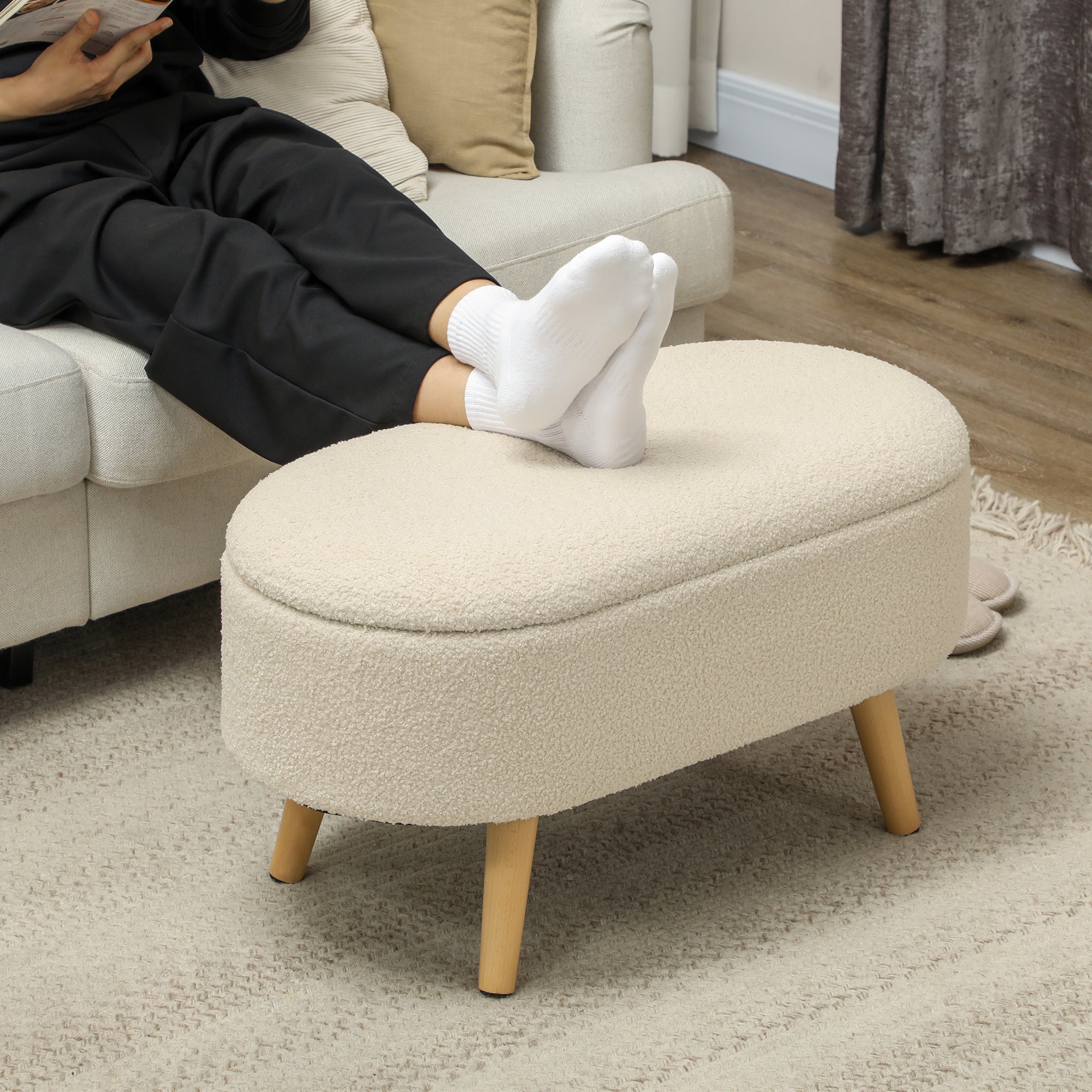 HOMCOM Teddy Fleece Storage Ottoman - Cream White - North Peak Garden Furniture