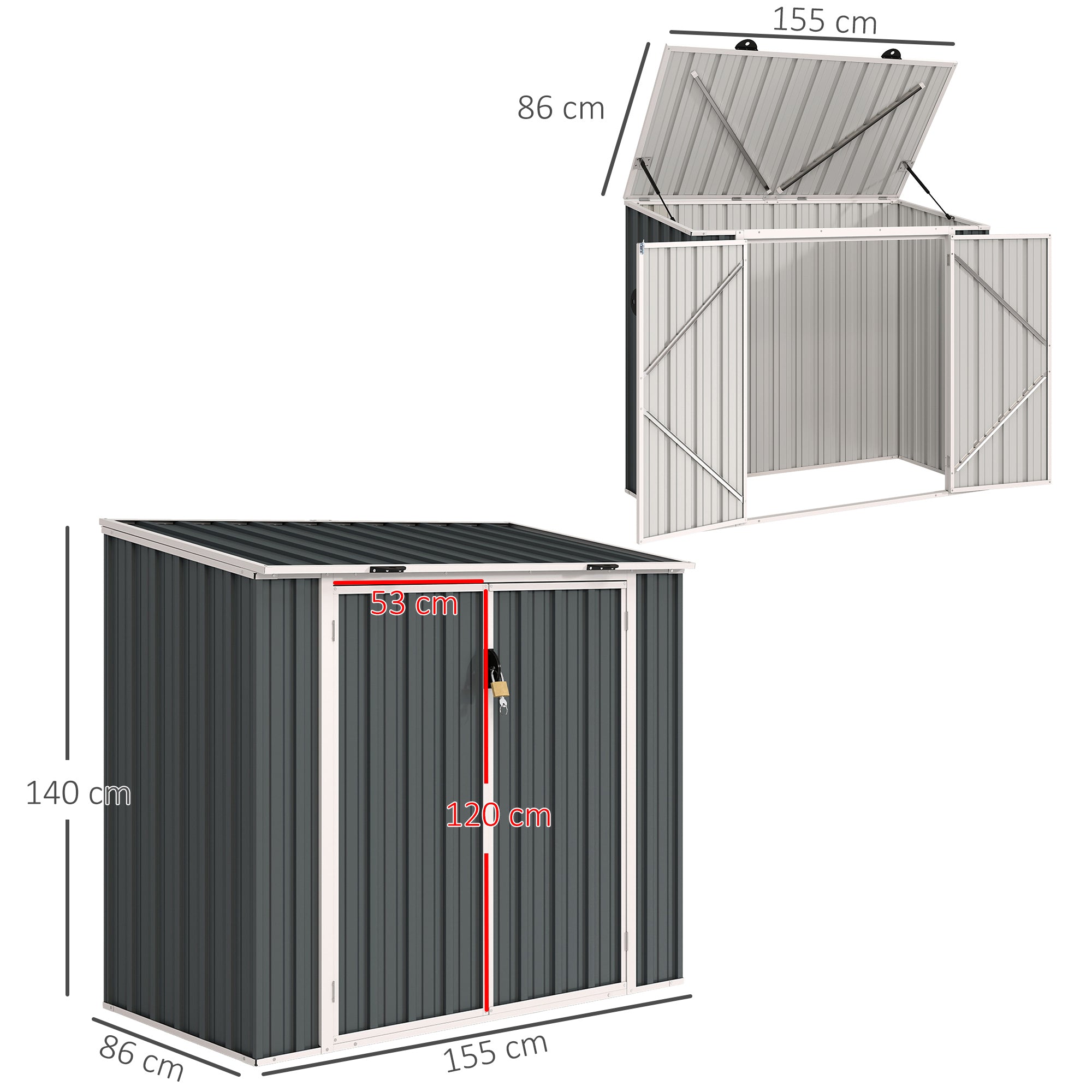 Outsunny 5ft x 3ft Garden 2-Bin Steel Storage Shed, Double Rubbish Storage Shed, Hide Dustbin w/ Locking Doors and Openable Lid - North Peak Garden Furniture