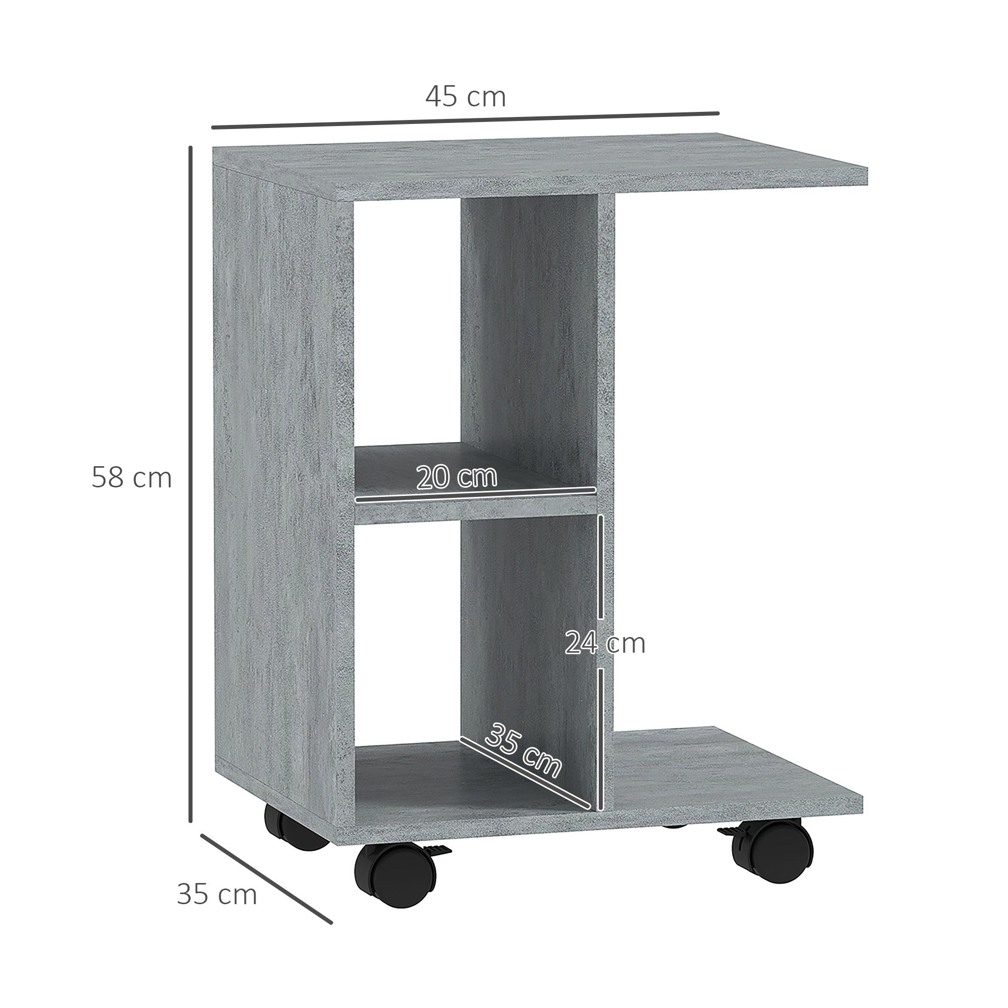 HOMCOM C-Shape End Table Unique Storage Unit w/ 2 Shelves 4 Wheels Freestanding Home Office Furniture Cabinet Square Studio Grey - North Peak Garden Furniture