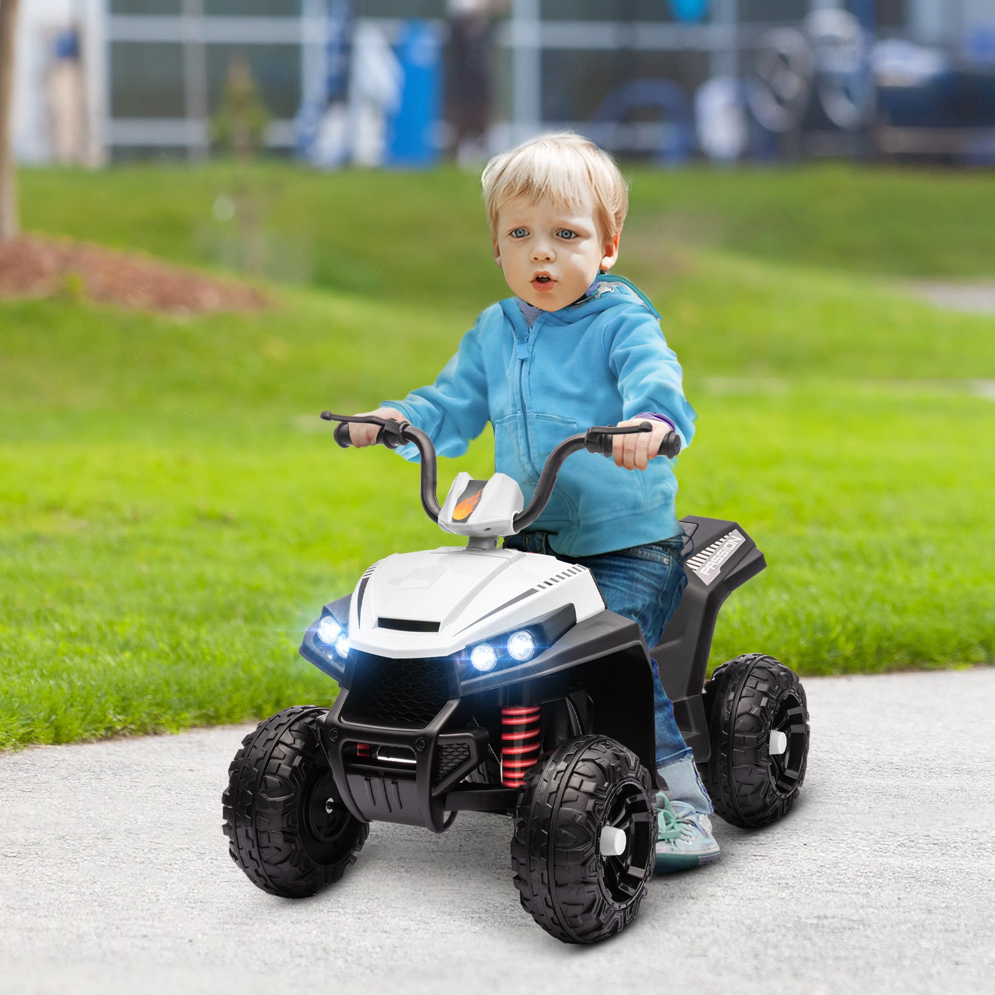 AIYAPLAY 12V Kids Electric Quad Bike w/ Spring Suspension System, Forward & Backward, LED Light, Music, MP3, White - North Peak Garden Furniture