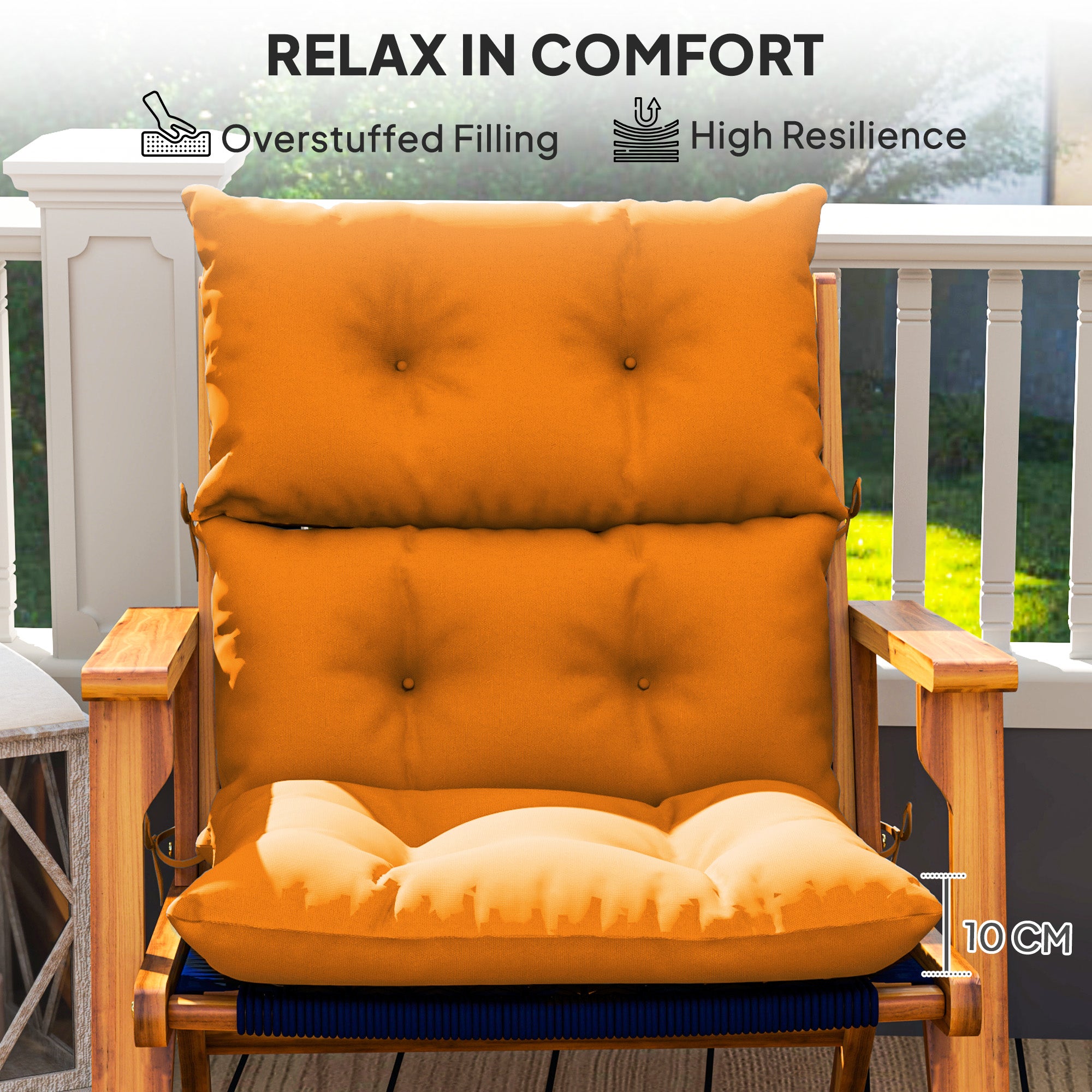 Outsunny Tufted Adirondack Chair Cushion, Thick Garden Seat Cushion Pad with Backrest, Rocking Chair Cushion with Ties for Outdoor and Indoor Use, Orange - North Peak Garden Furniture