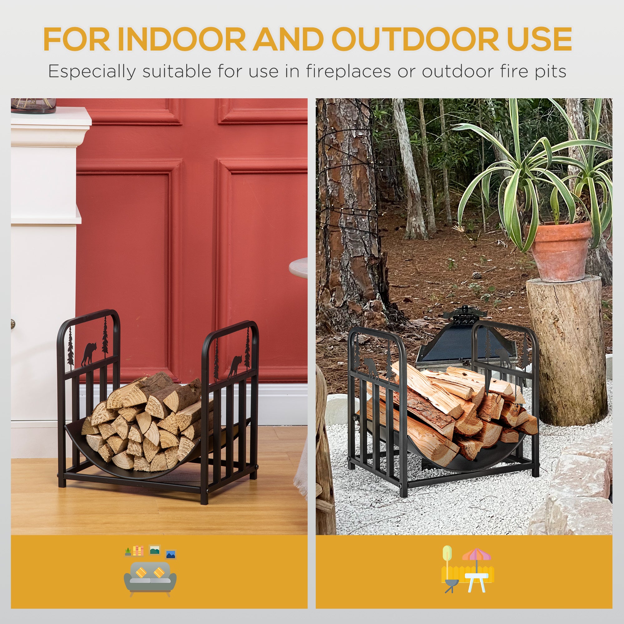 Outsunny Metal Firewood Log Holder Indoor Outdoor Firewood Rack Inner Arced Fireplace Wood Storage Shelf w/ Bear Shape Design, Rust-Resistant, Black, 42W x 33.5D x 43H cm - North Peak Garden Furniture