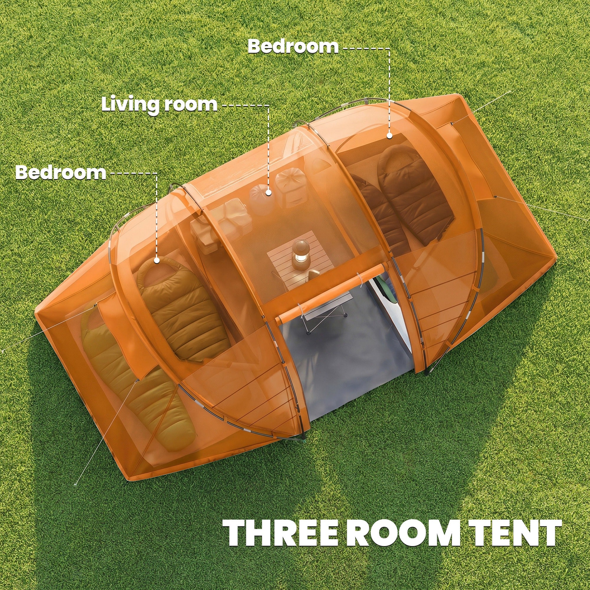 Outsunny 4-6 Man Camping Tent w/ Two Bedroom, Hiking Sun Shelter, UV Protection Tunnel Tent, Orange