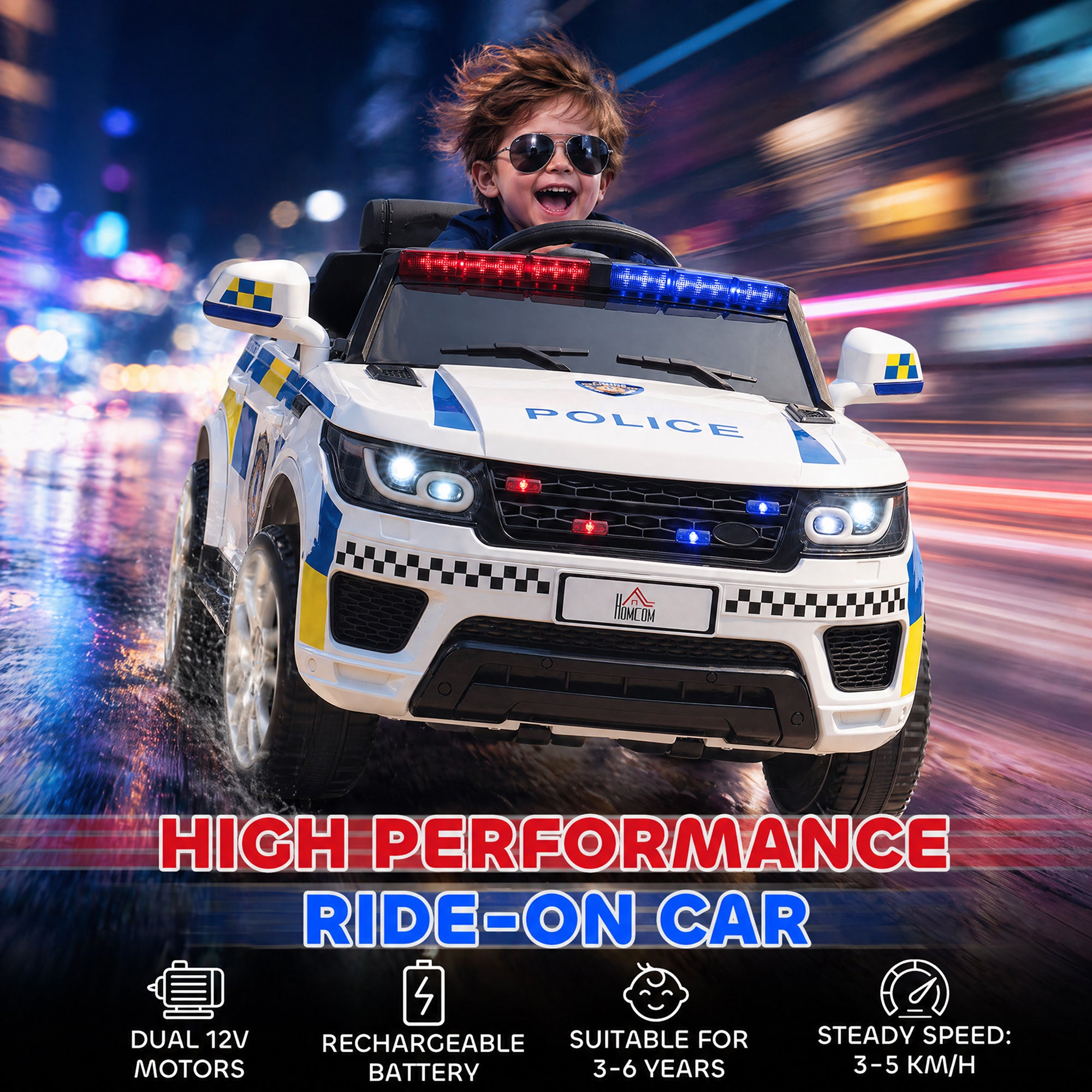 HOMCOM 12V Kids Electric Ride On Police Car 2 Motors with Parental Remote Control Siren Flashing Lights USB Portable for 3-6 Years White