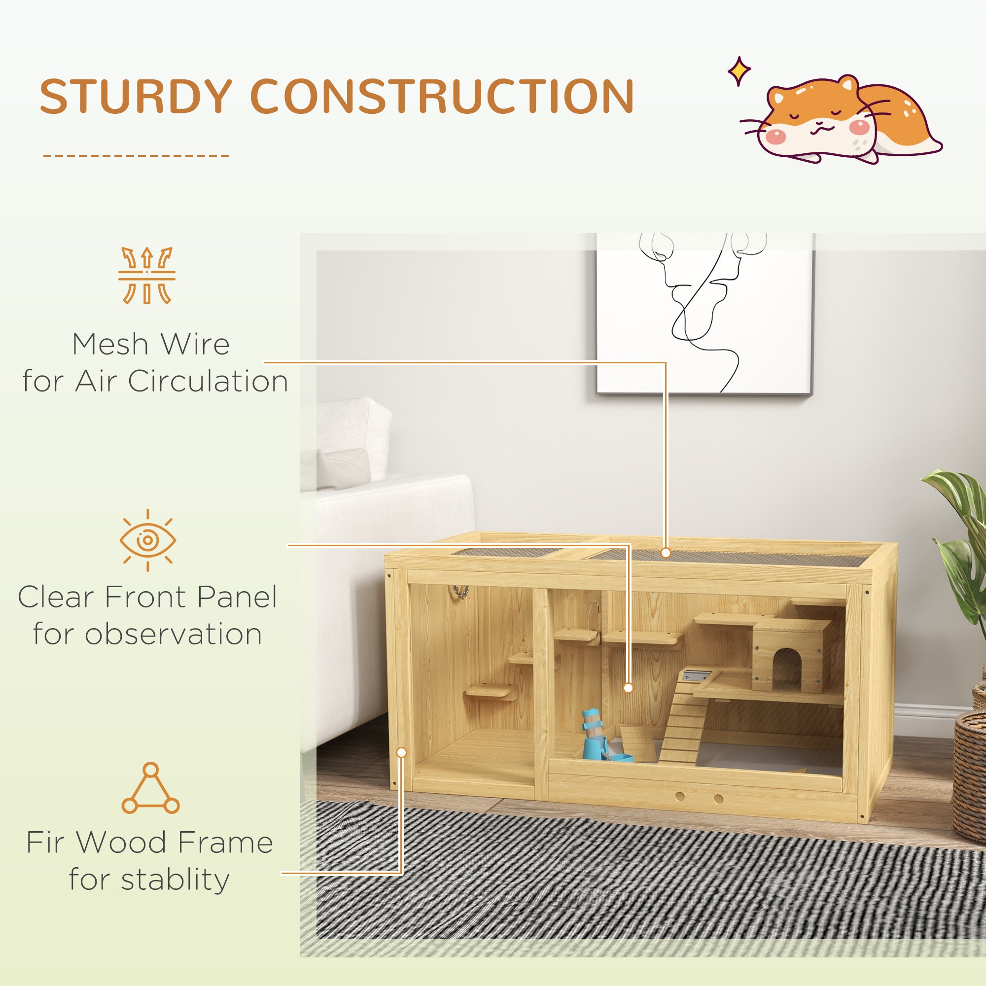 PawHut Wooden Hamster Cage with Water Bottle, Platforms, Openable Roof, Sliding Tray, Hut, Seesaws, Natural Wood Finish - North Peak Garden Furniture