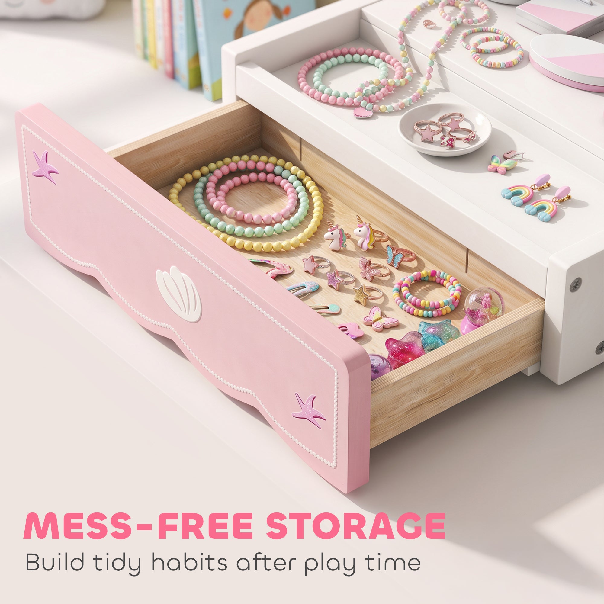 AIYAPLAY Kids Dressing Table, Portable Vanity Table with Lights, Mirror, Drawer, Accessories, Gift for 3-6 Years