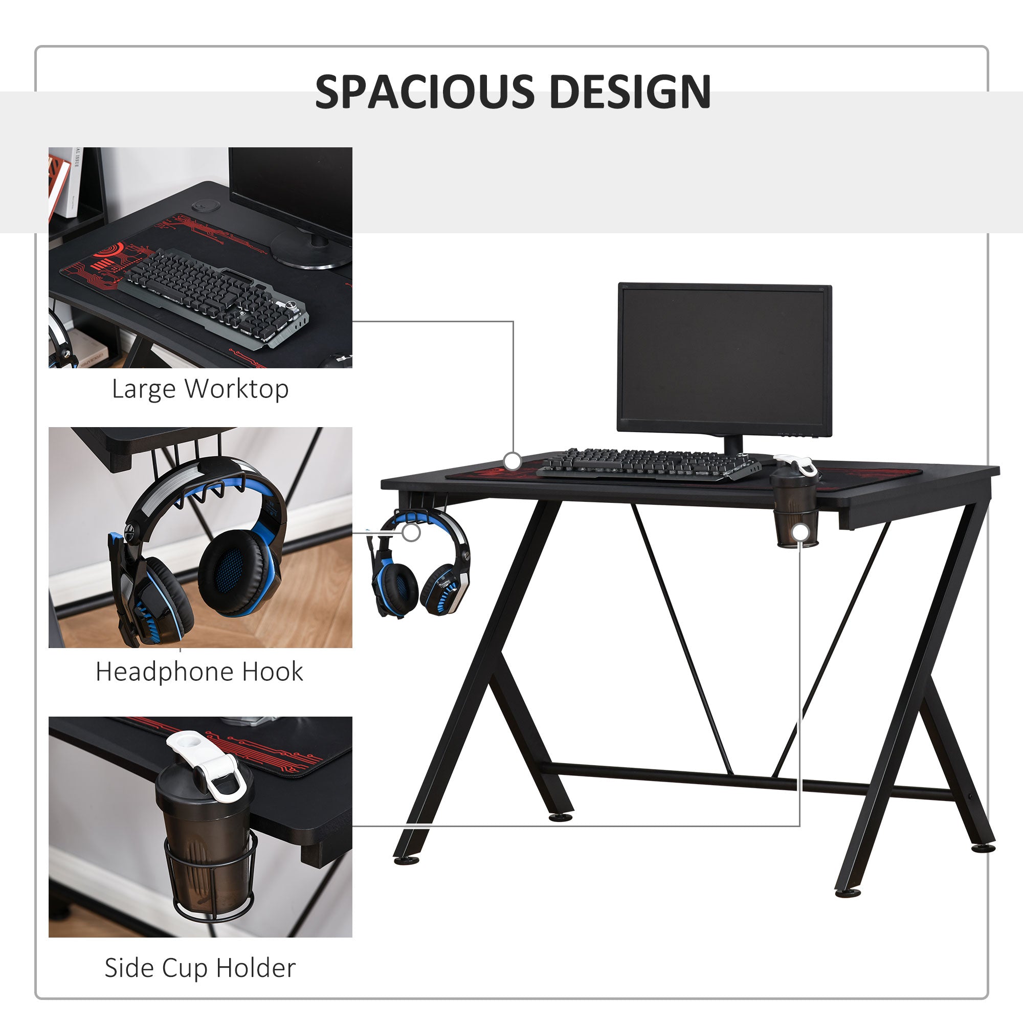 HOMCOM Gaming Desk, 108 x 66cm Computer Table Metal Frame with Cup Holder, Headphone Hook, Cable Hole, for Small Spaces, Black - North Peak Garden Furniture