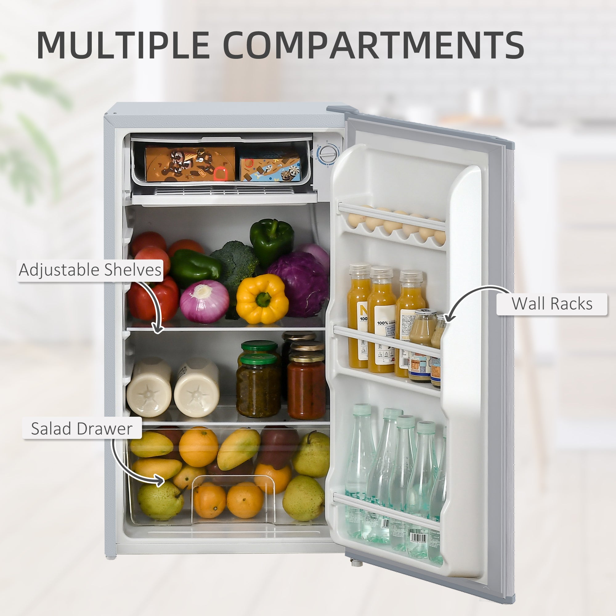 HOMCOM 91 Litre Freestanding Under Counter Fridge Freezer with Chiller Box, Reversible Door, Adjustable Thermostat, 47.5cm Wide, Noise Level: Decibels 40, Grey - North Peak Garden Furniture