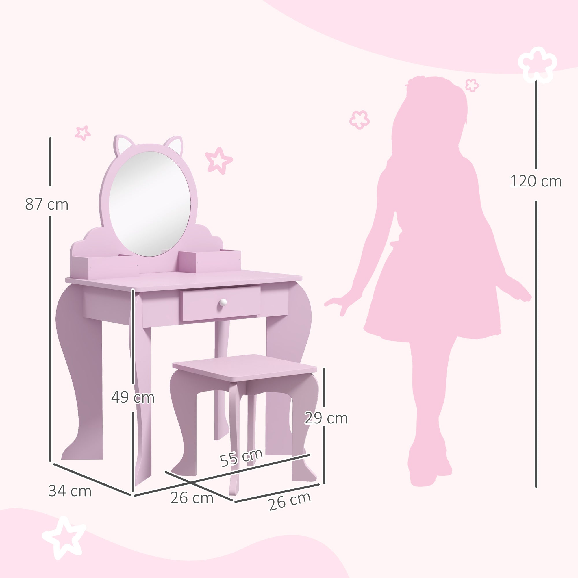 ZONEKIZ Kids Vanity Table with Mirror, Stool, Drawer, Storage Boxes, Cat Design, for Ages 3-6 Years - Pink - North Peak Garden Furniture