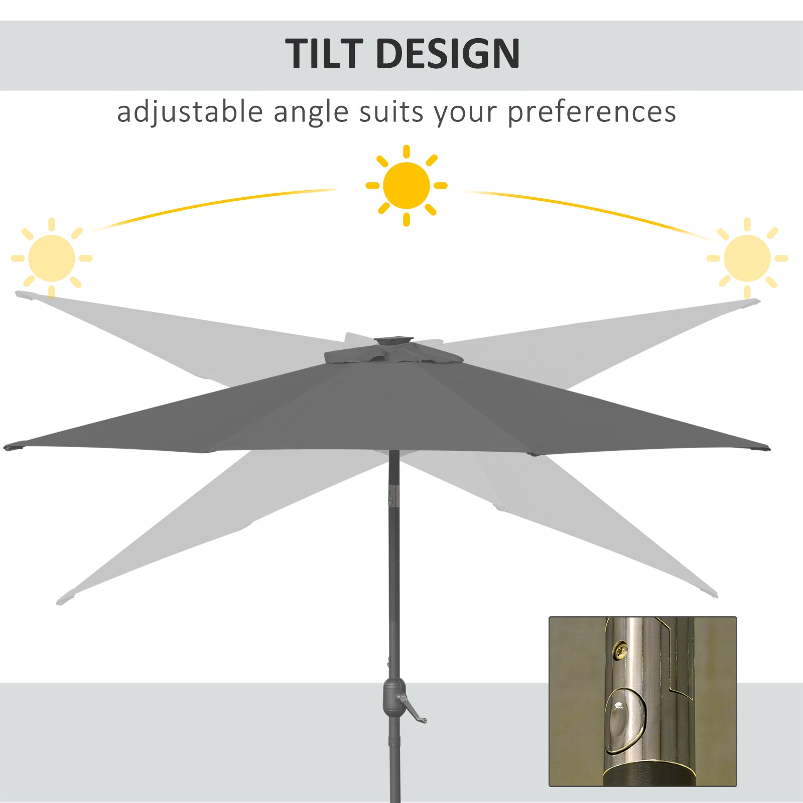 Outsunny Patio Parasol with LED Lights, 2.7m Garden Umbrella in Grey, Push Button Tilt/Crank, 8 Rib Sun Shade for Outdoor Tables