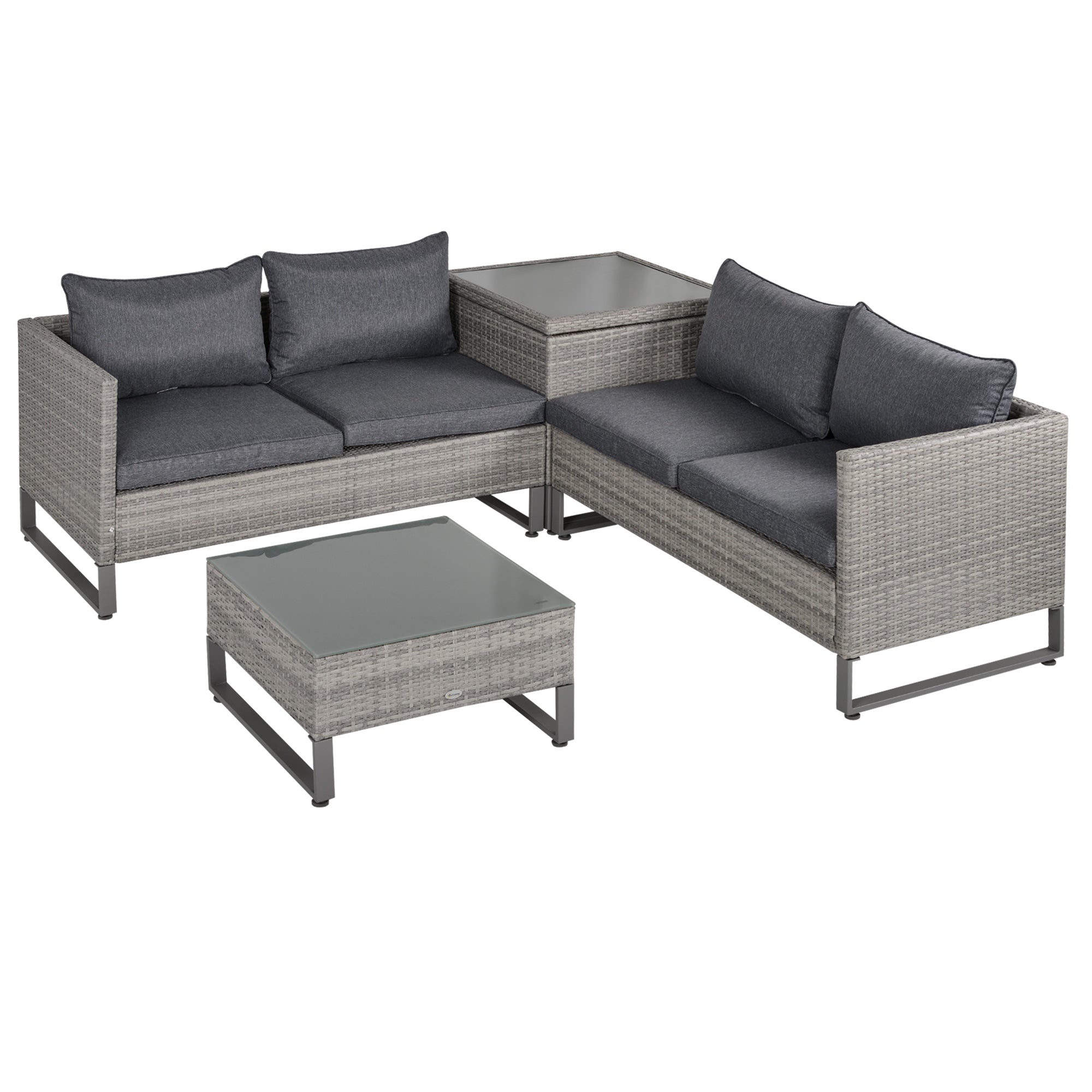 Outsunny 4 PCs PE Rattan Wicker Sofa Set Outdoor Conservatory Furniture Lawn Patio Coffee Table w/ Side Storage Box & Cushion, Grey - North Peak Garden Furniture