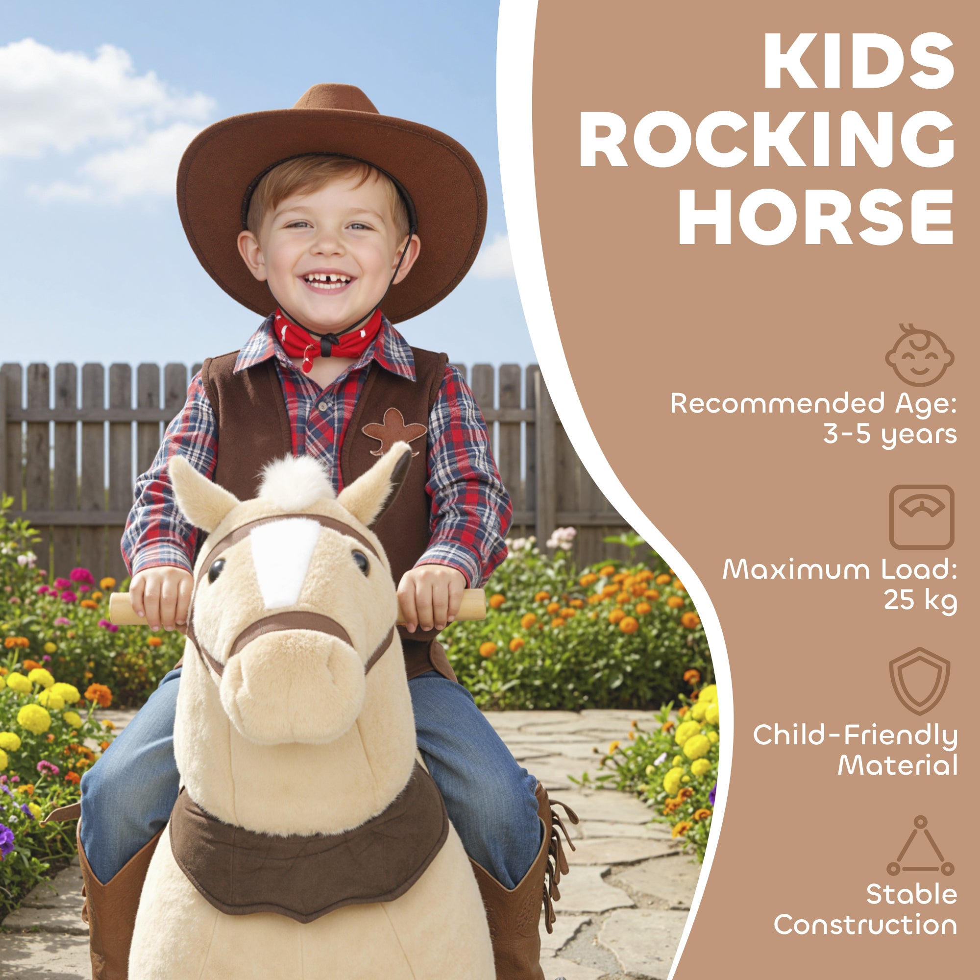 AIYAPLAY Rocking Horse, Plush Ride On Horse with Rolling Wheels & Saddle, Ride On Pony Toy for Kids 3-5 Years, Up to 25kg, Brown