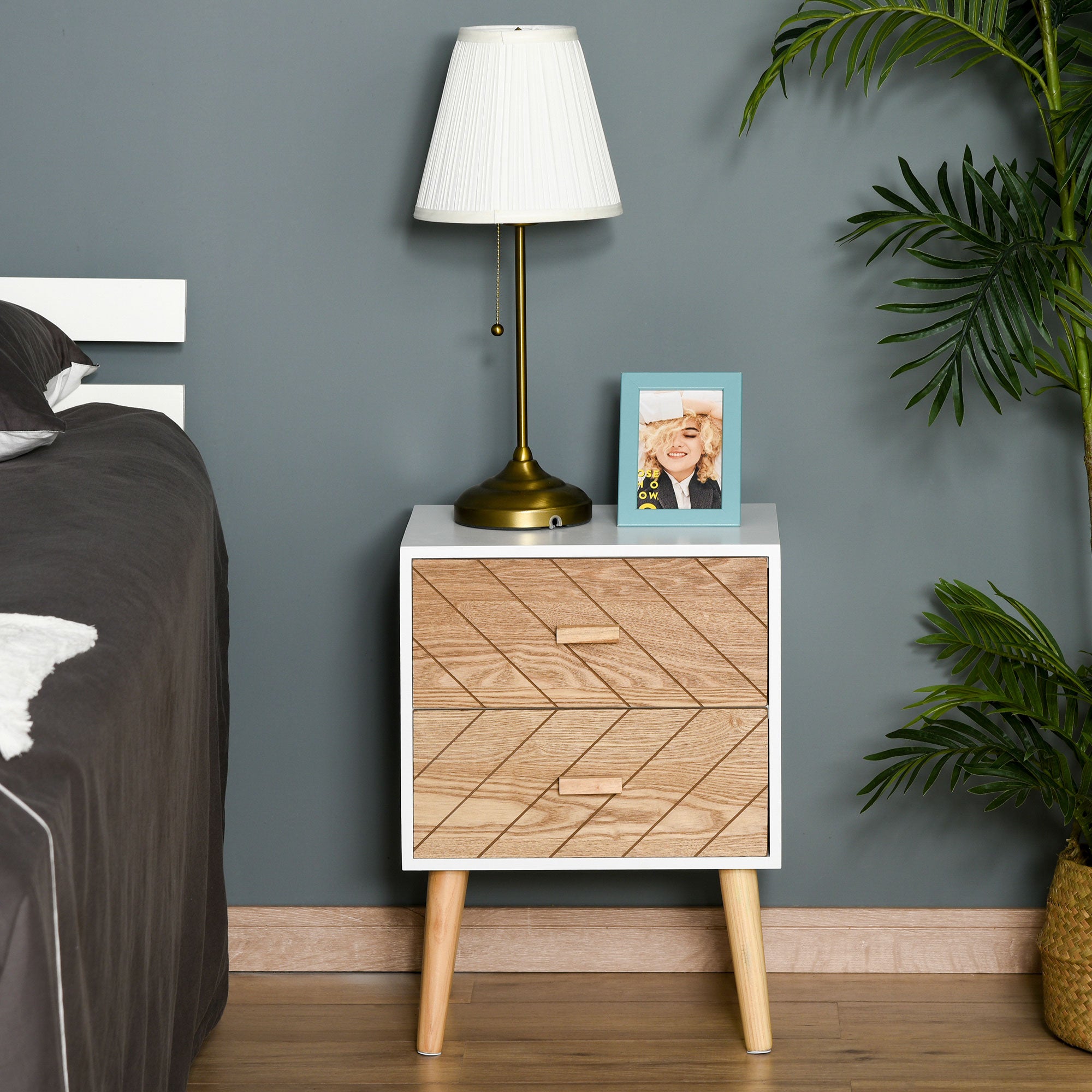HOMCOM 2 Drawers Bedside Table with Pine Legs, Bedroom Wooden Storage Cabinet, Natural - North Peak Garden Furniture