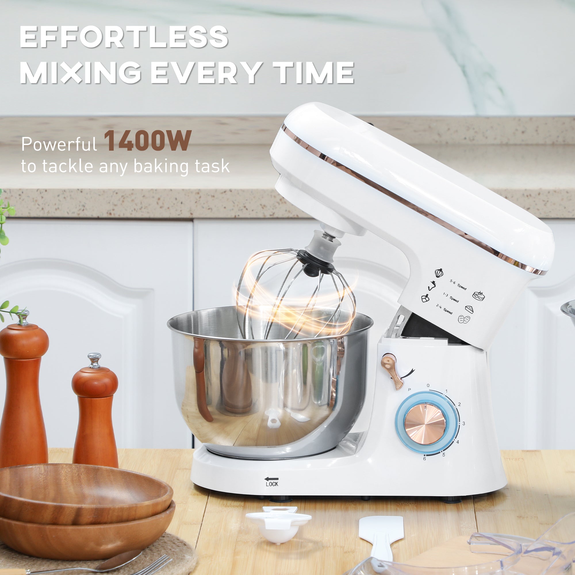 HOMCOM Stand Mixer, 5L Food Mixer for Baking, 6 Speeds and Pulse Setting, 1400W Cake Electric Kitchen Mixer with Dough Hook, Whisk, Stainless Steel Bowl, Splash Guard, Beater, White - North Peak Garden Furniture