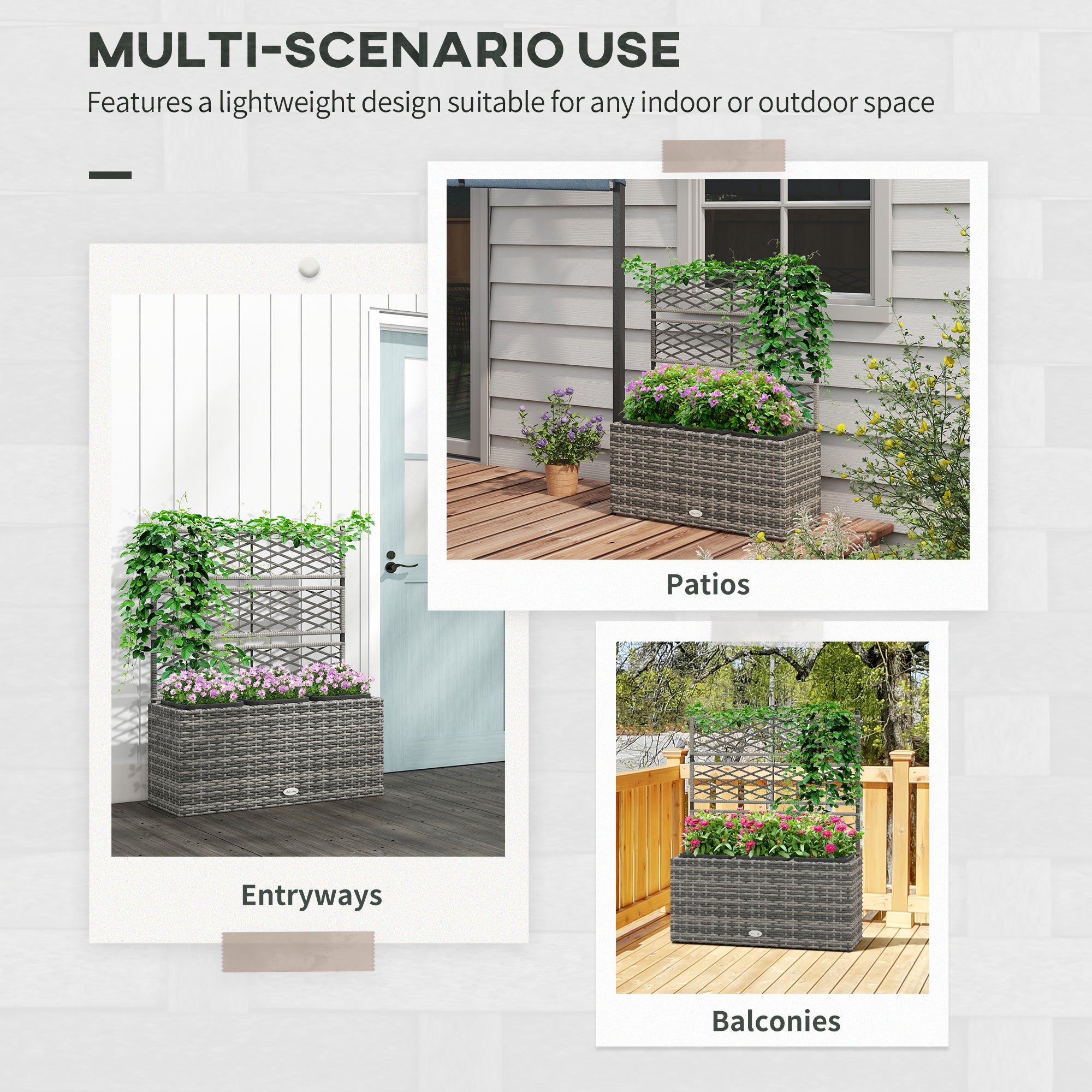 Outsunny 33L Garden PE Rattan Planter with Trellis, Free Standing Flower Raised Bed for Garden, Garden Planter for Climbing Plants, 84cm x 30cm x 107cm, Light Grey - North Peak Garden Furniture