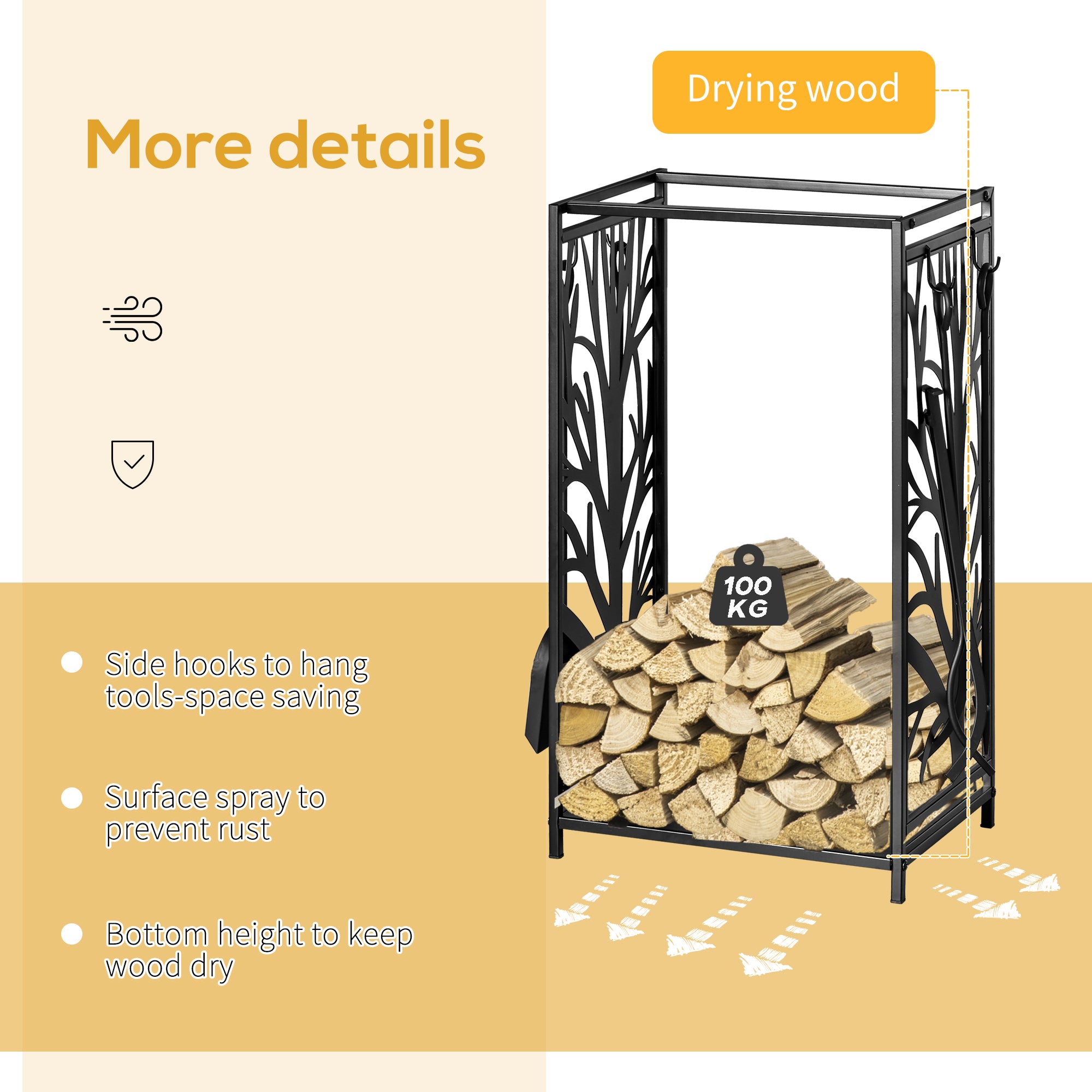 HOMCOM Steel Firewood Log Holder Indoor Outdoor Firewood Rack Fireplace Wood Storage Shelf with 4 Tools, Hooks, Tree Pattern Design, Rust-Resistant, Black, 46W x 30D x 70H cm - North Peak Garden Furniture