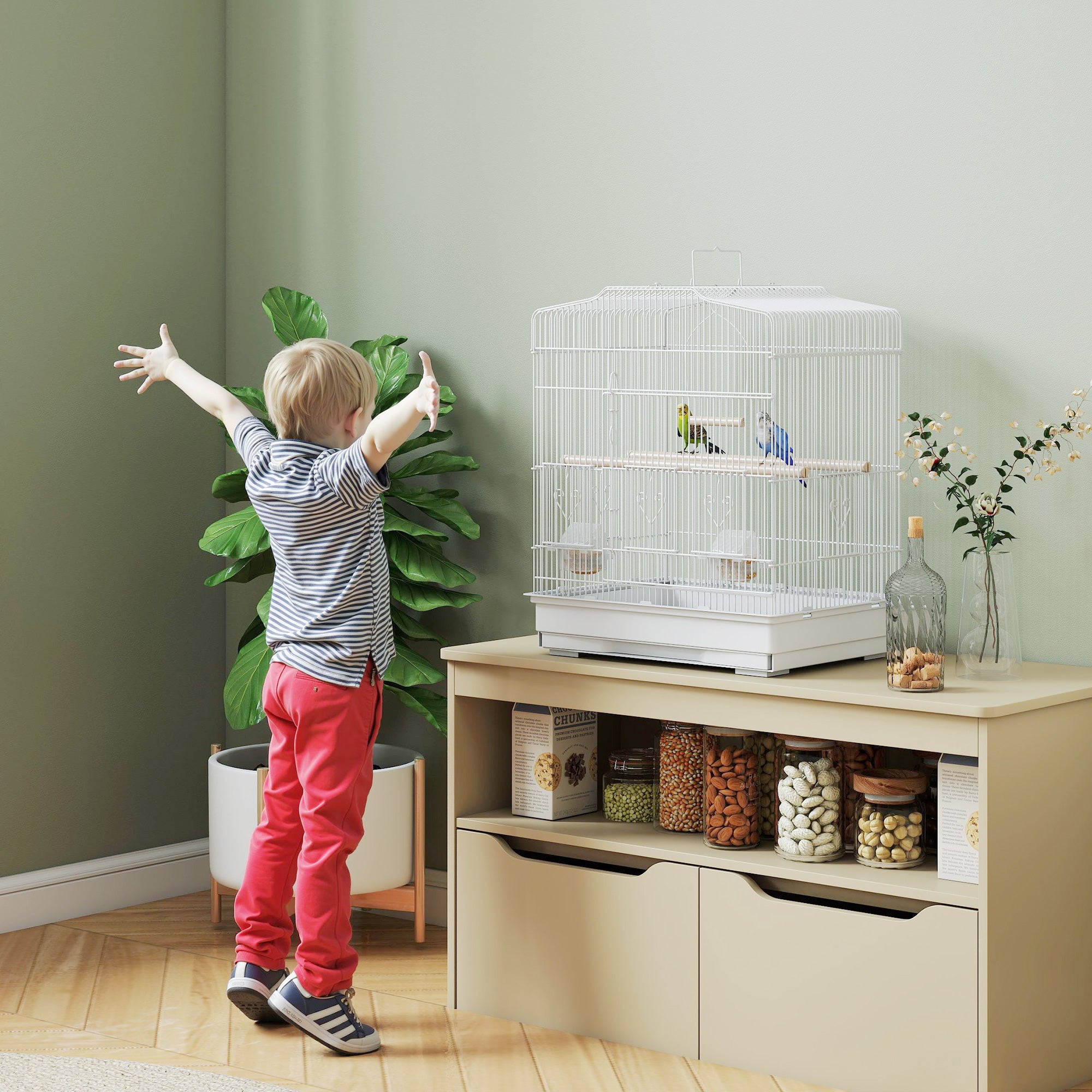 PawHut Large Metal Bird Cage with Perches, Food Bowls, Swing, for Budgies, Parakeets, White - North Peak Garden Furniture