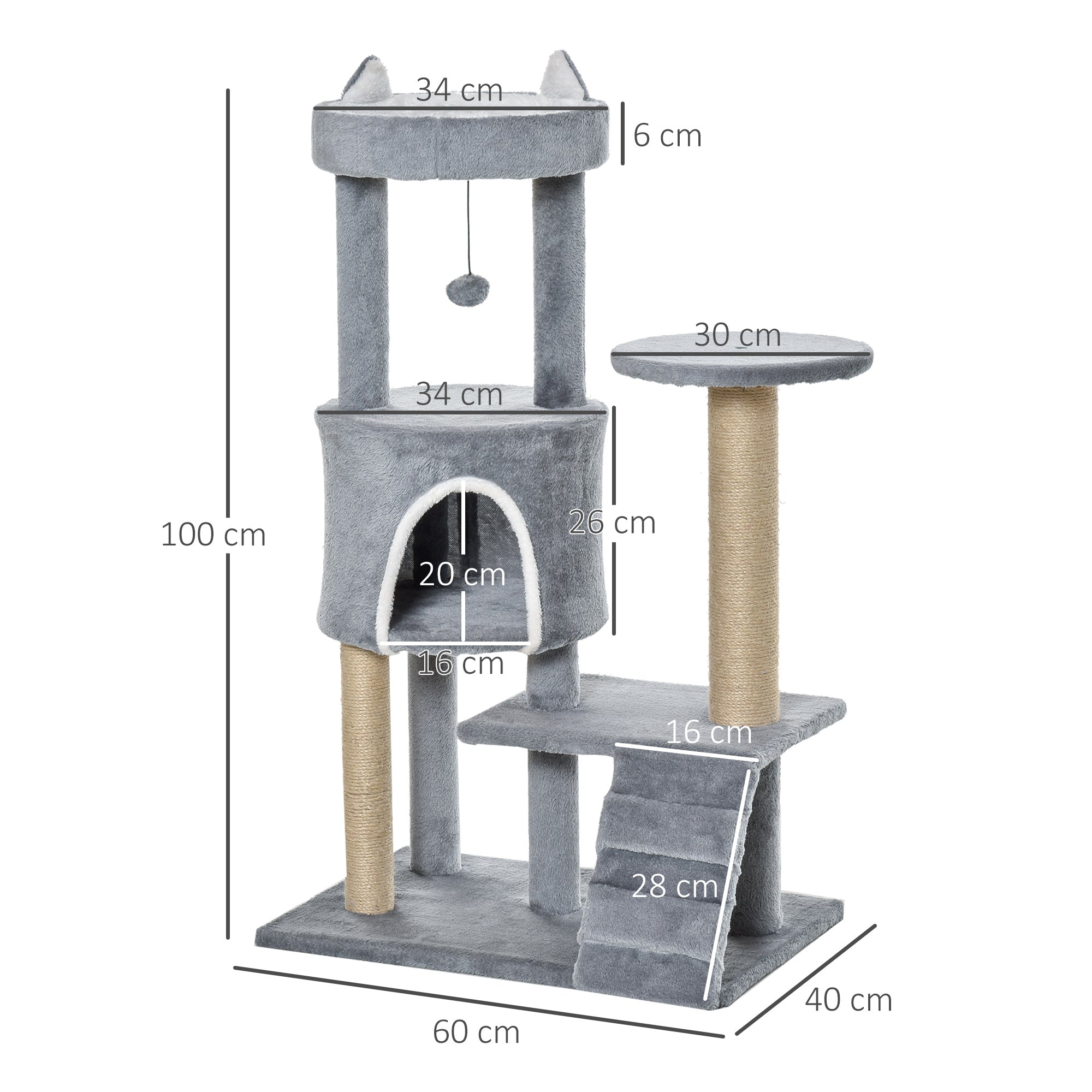 PawHut 100 cm Cat Tree, Cat Condo Tree Tower for Indoor Cats, Cat Activity Centre with Scratching Posts, Plush Perch, Ladder, Hanging Ball - Light Grey