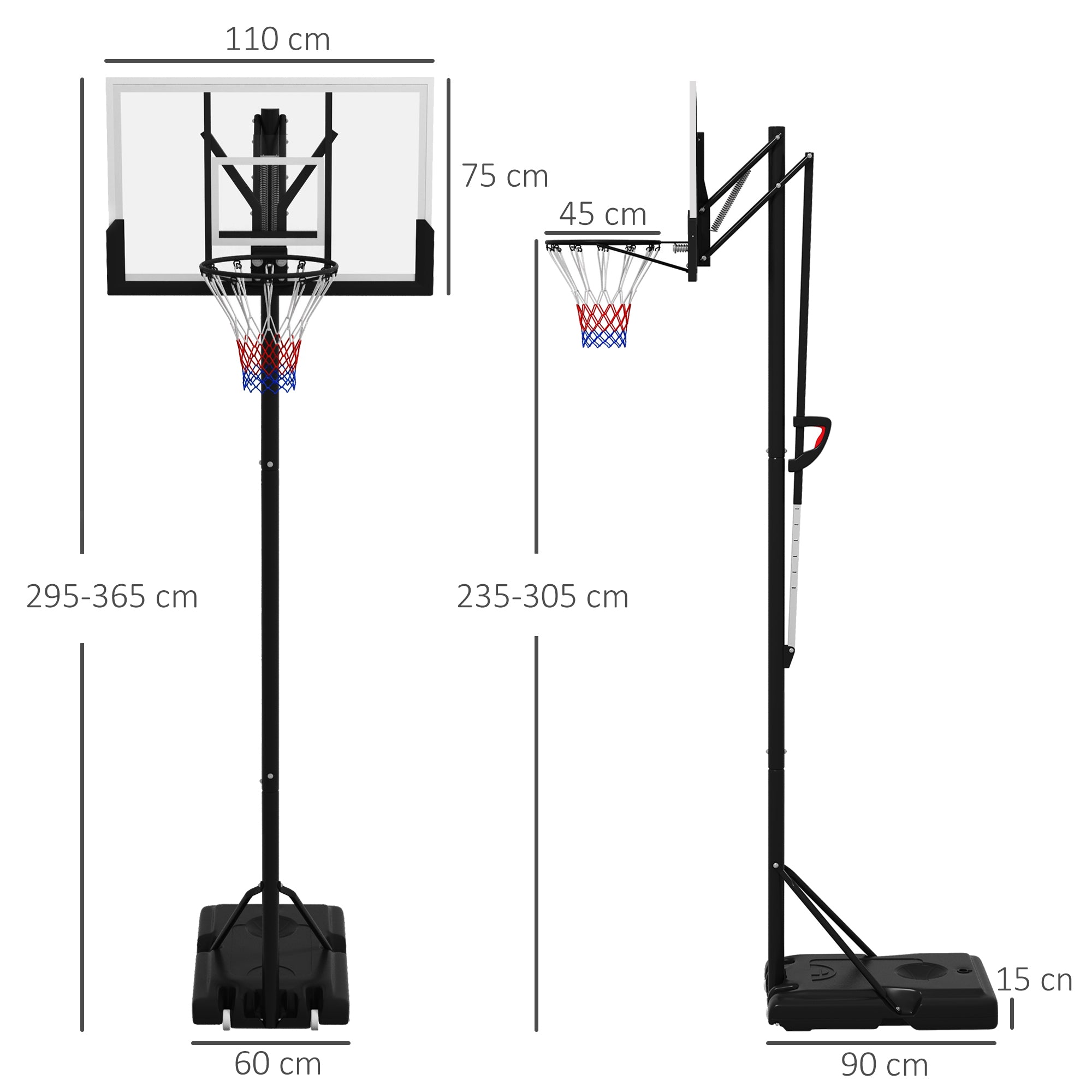 SPORTNOW Six-Level Height Adjustable Freestanding Basketball Hoop and Stand with Wheels, 2.35-3.05m - North Peak Garden Furniture