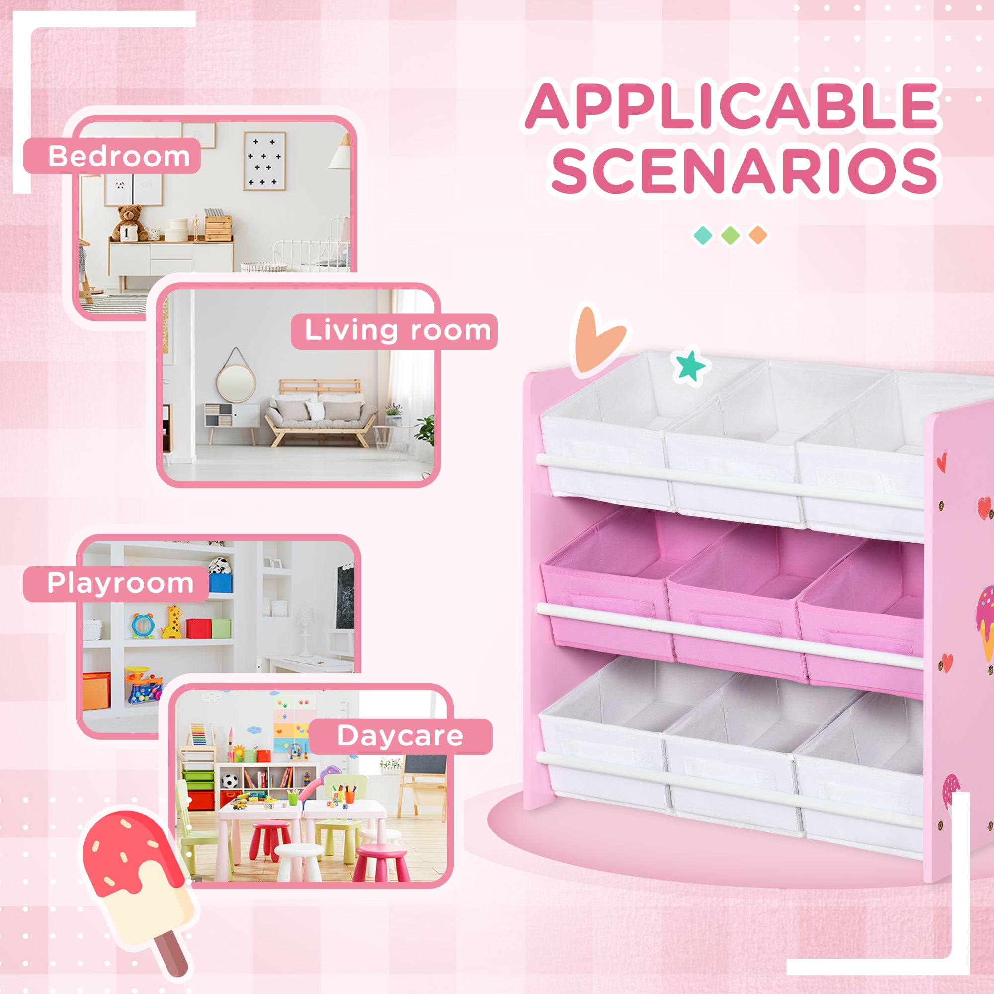 ZONEKIZ Kids Storage Rack, with Nine Removable Baskets, for Nursery, Bedroom, Playroom - Pink - North Peak Garden Furniture