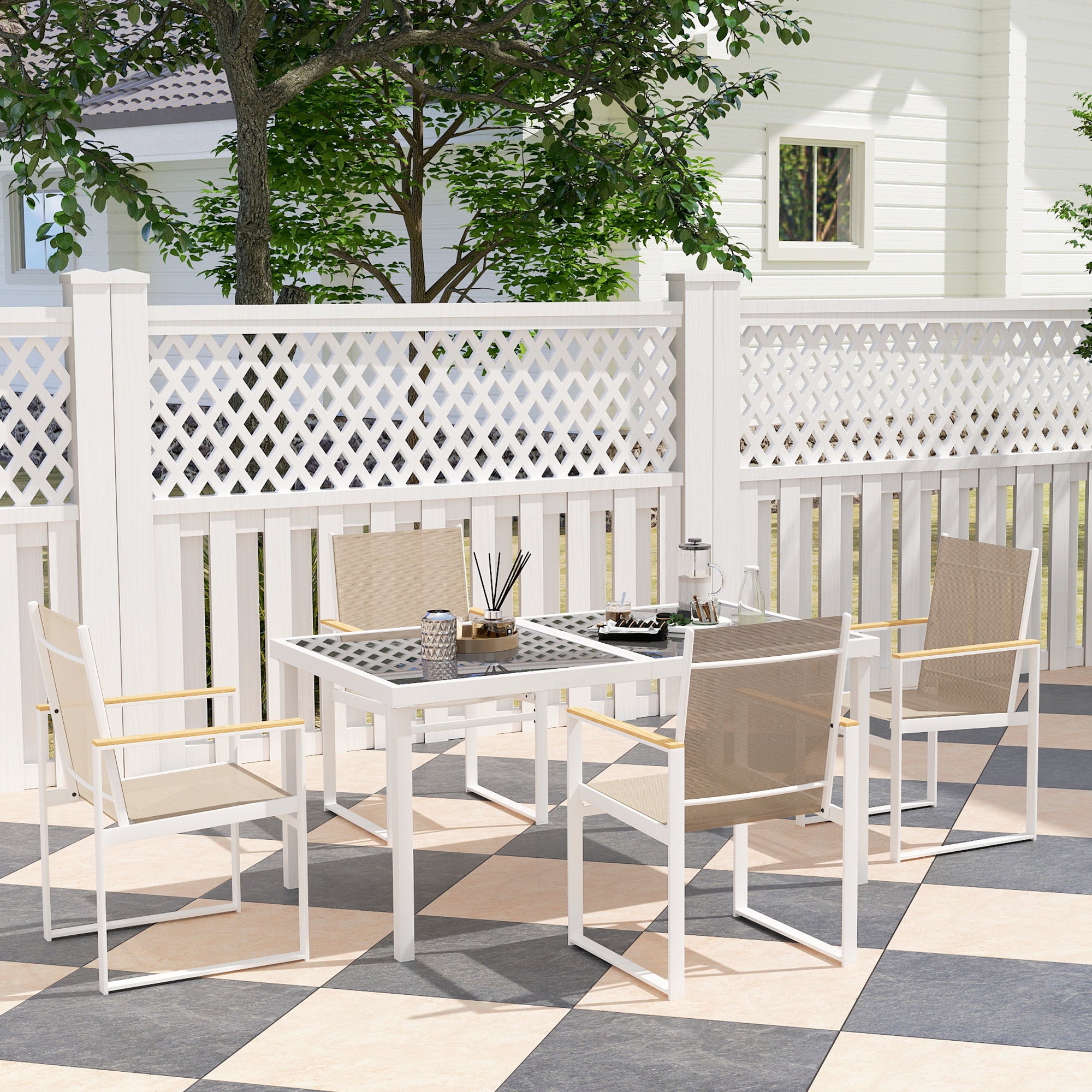 Outsunny 5 Piece Garden Furniture Set with 4 Armchairs and Tempered Glass Table Top, for Deck, Balcony - North Peak Garden Furniture