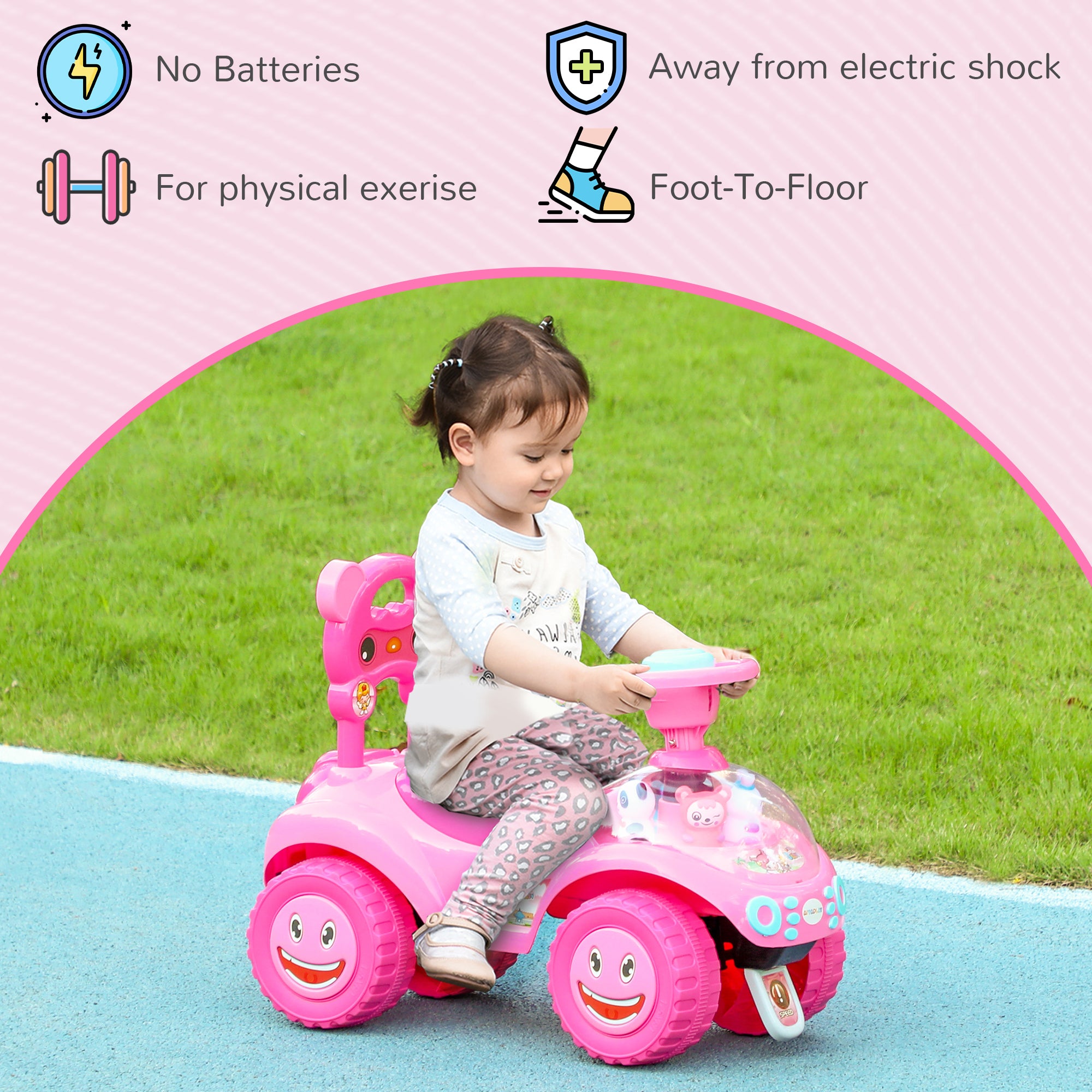 AIYAPLAY Foot to Floor oddler Ride on Toy w/ Music, Light, Horn, Under Seat Storage, Anti-Over-Backwards Device, Pink