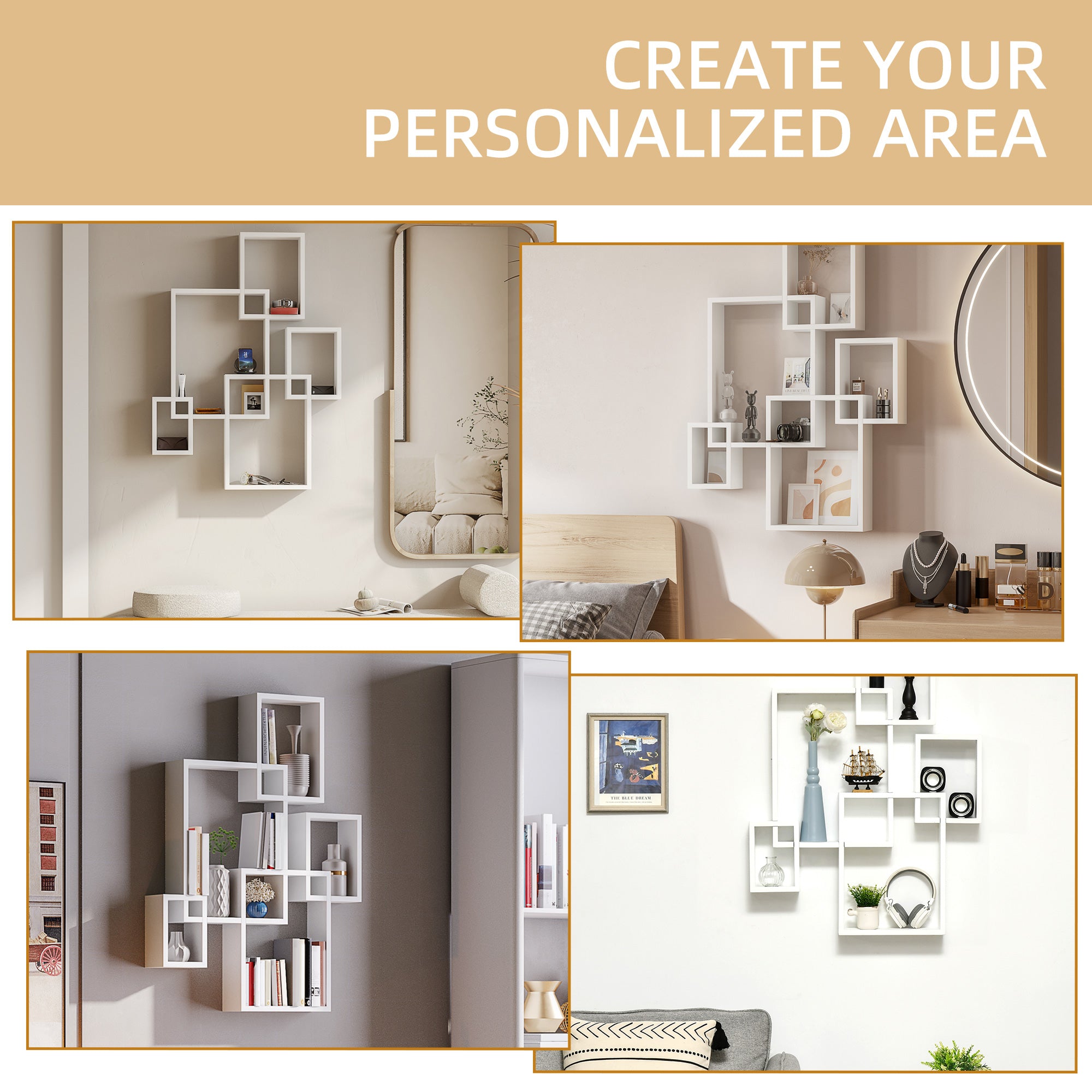 HOMCOM Floating Shelves, Wall Mounted Interlocking Cube Shelves, Display Wall Shelf for Living Room, Bedroom, Hallways, White - North Peak Garden Furniture