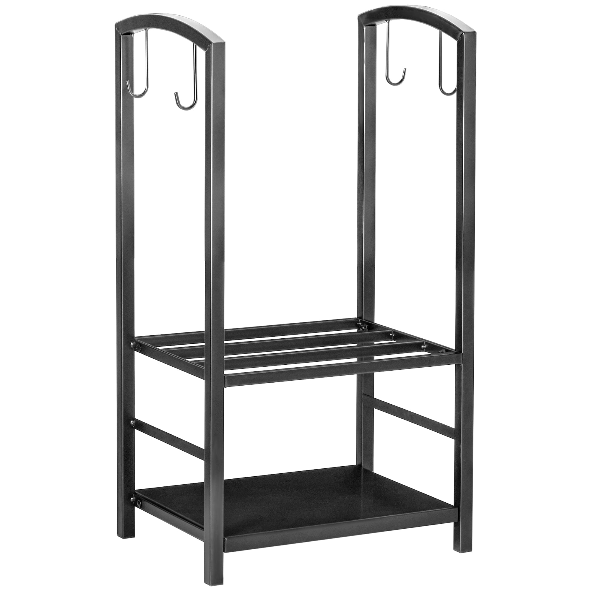 Outsunny Metal Firewood Log Holder 2 Layer Firewood Rack Indoor Outdoor Fireplace Wood Storage Shelf with 4 Tools and Hooks, Black, 40L x 30W x 74.5H cm - North Peak Garden Furniture