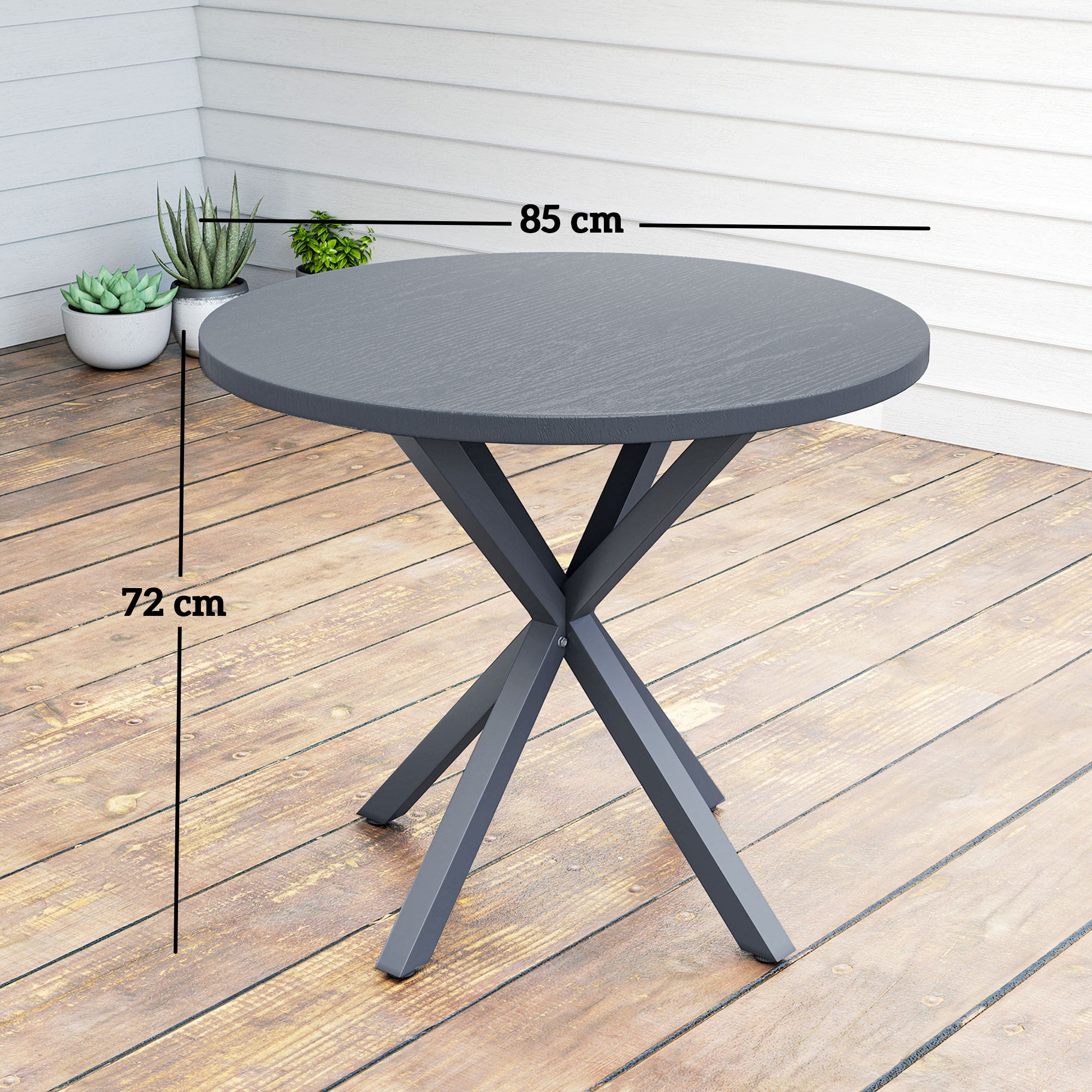 Outsunny Garden Table, 85cm Round Outdoor Dining Table with Steel Frame, Wood Effect Top, for Balcony, Deck, Dark Grey - North Peak Garden Furniture