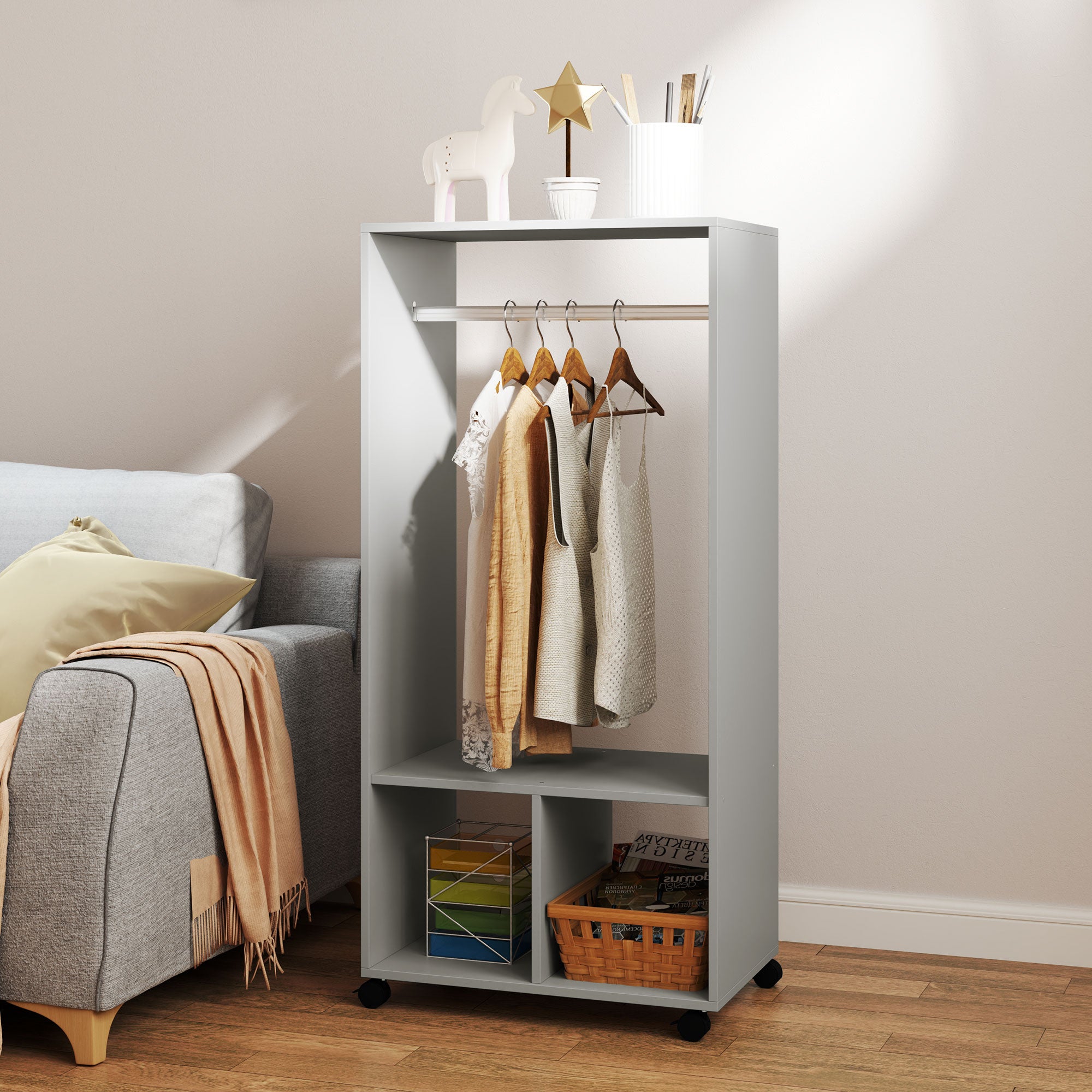 HOMCOM Open Wardrobe for Bedroom, Small Wardrobe on Wheels with Clothes Rail, Storage Shelves, Mobile Garment Rack for Clothes Storage, Cloakroom, Hallway, Grey