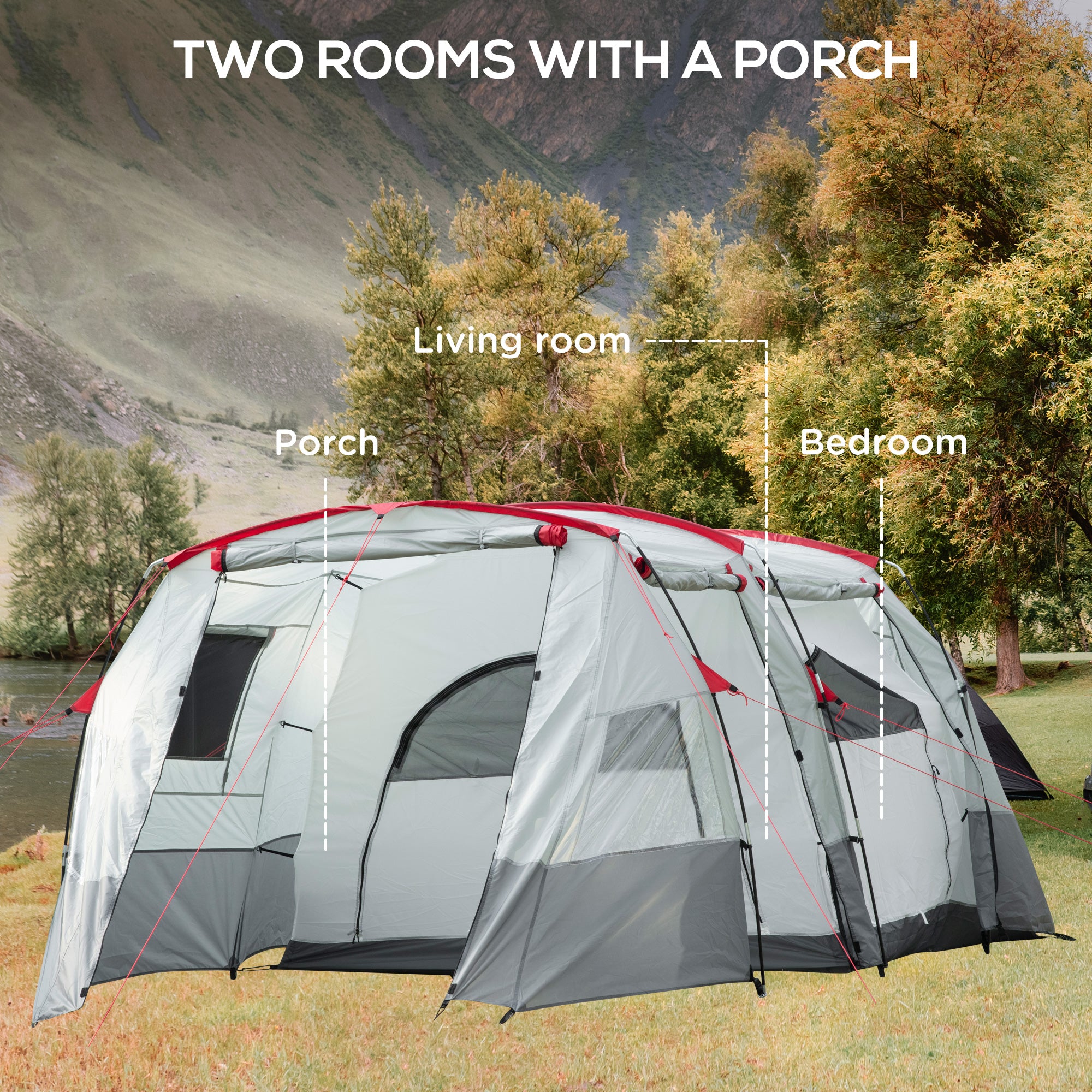 Outsunny 6-8 Person Tunnel Tent, Camping Tent with Bedroom, Living Room, Sewn-in Floor, 3 Doors and Carry Bag, 2000mm Water Column for Fishing, Hiking, Sports, and Traveling, Grey - North Peak Garden Furniture
