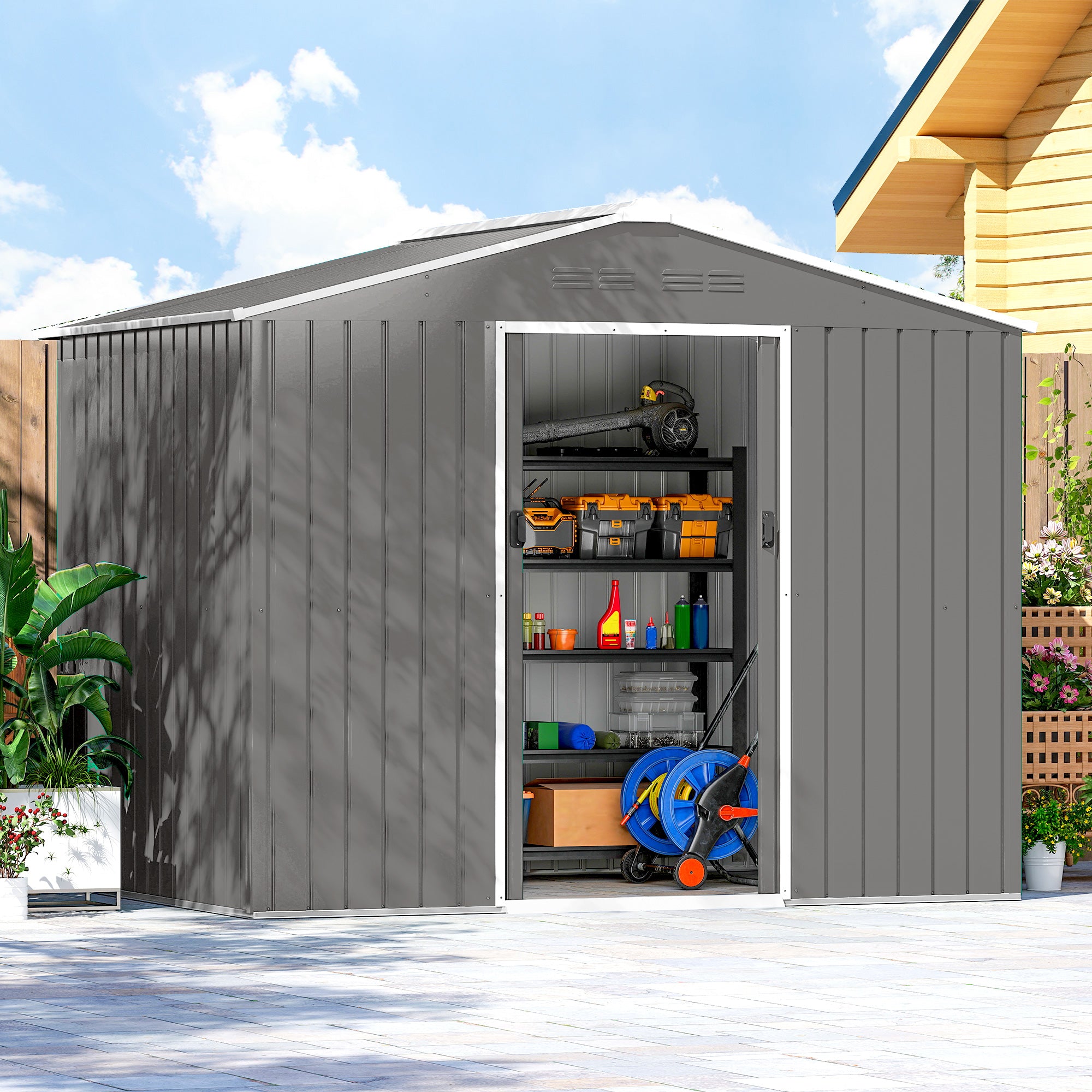 Outsunny 8 x 6ft Galvanised Steel Shed, with Double Door - Light Grey