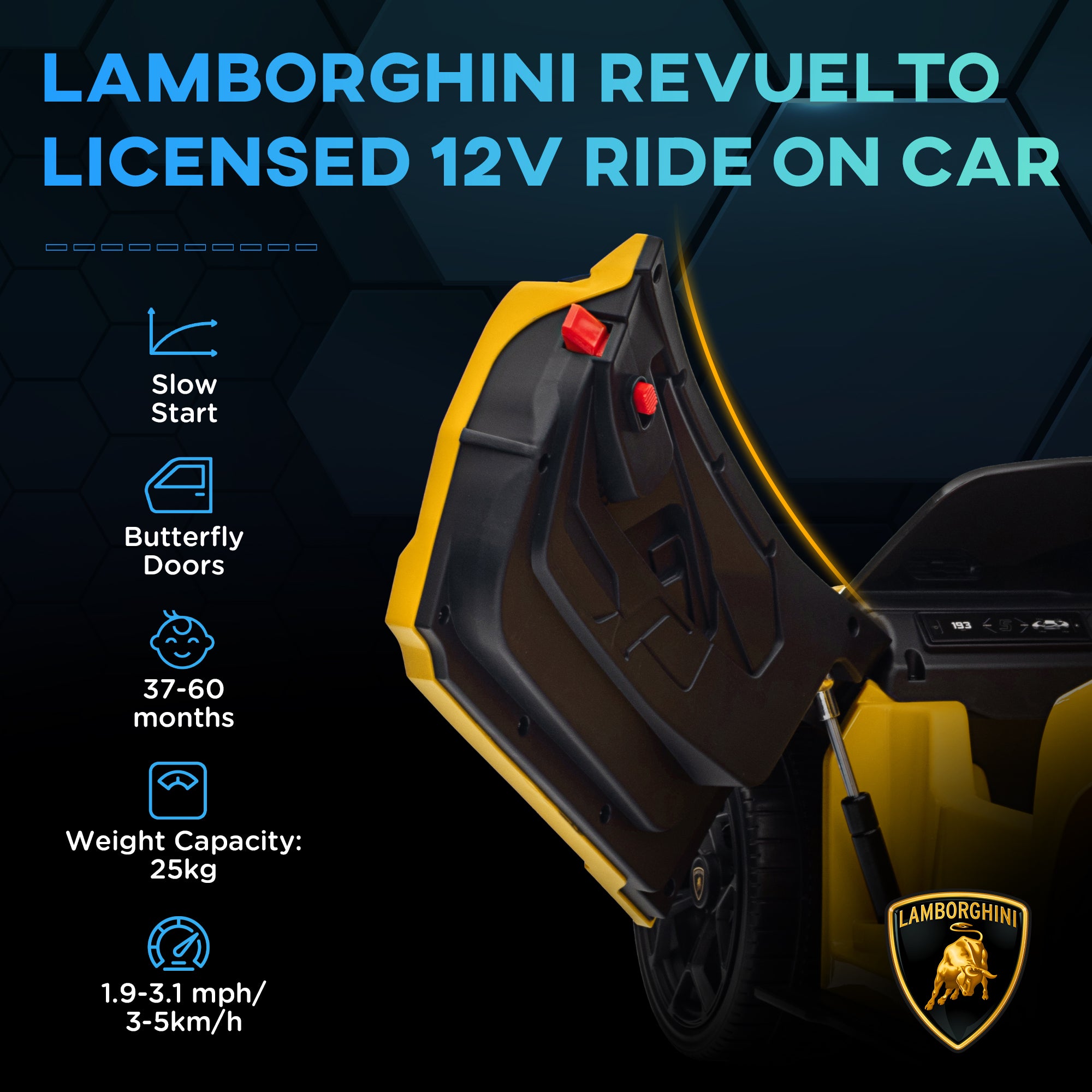 AIYAPLAY Lamborghini Revuelto Licensed 12V Ride on Car w/ Butterfly Doors, Transport Wheels, Suspension, Remote Control, Yellow