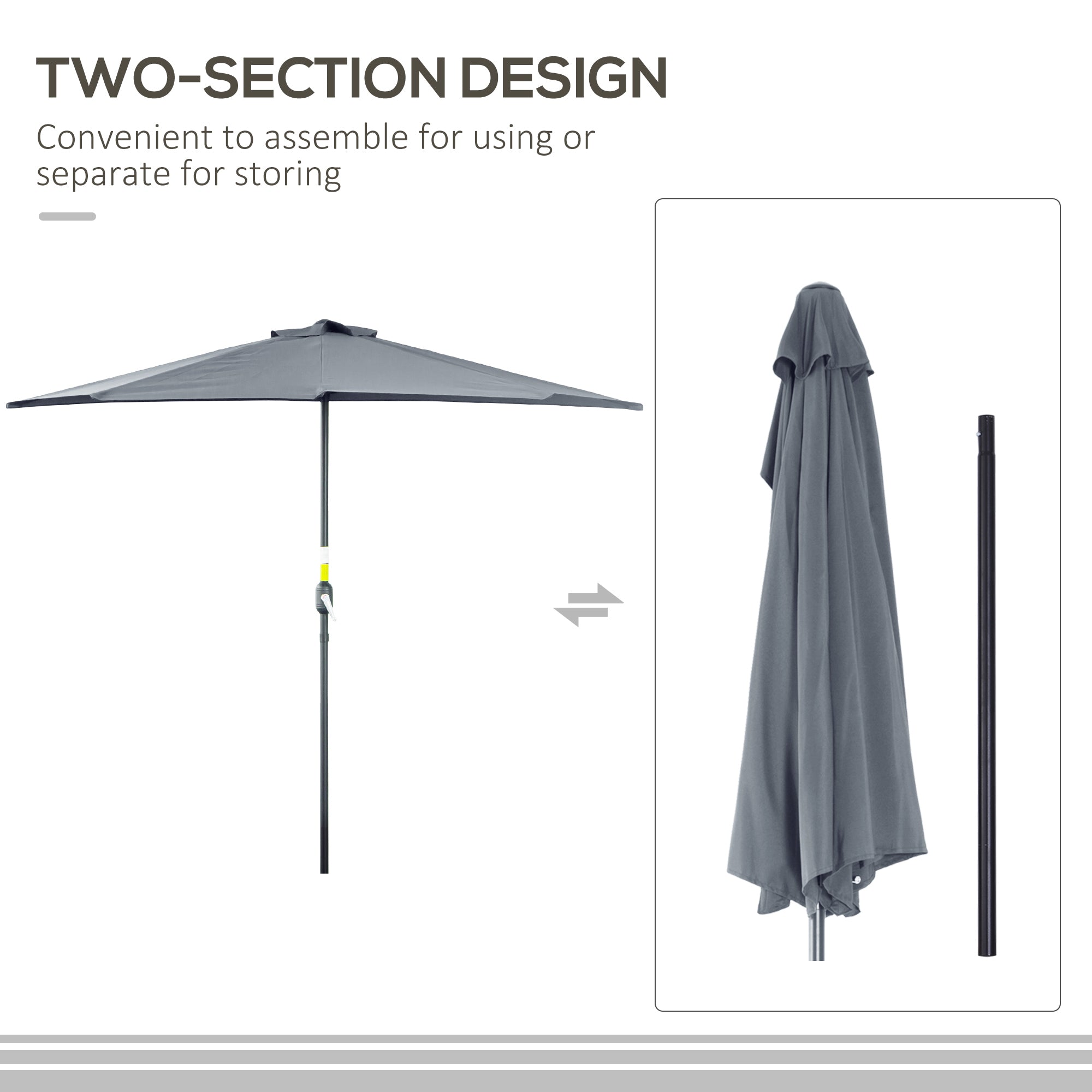 Outsunny 2.7m Garden Half Parasol, Outdoor Balcony Umbrella with 5 Steel Ribs, Patio Sun Shade, Grey