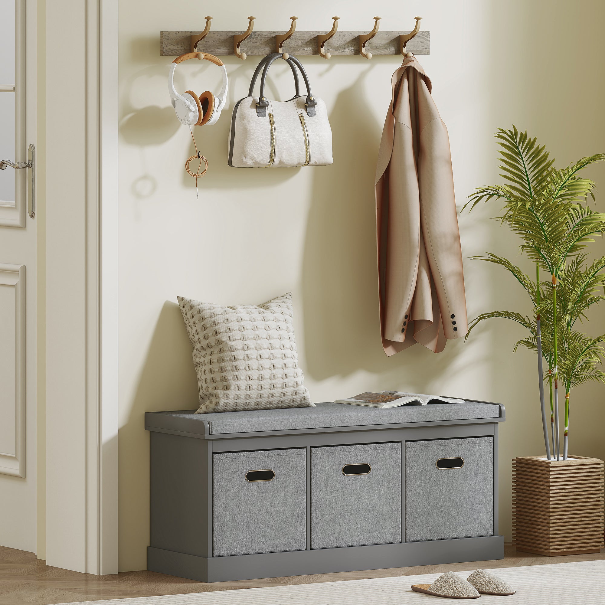 HOMCOM Three-Drawer Shoe Storage Bench, with Padded Top Seat - Grey