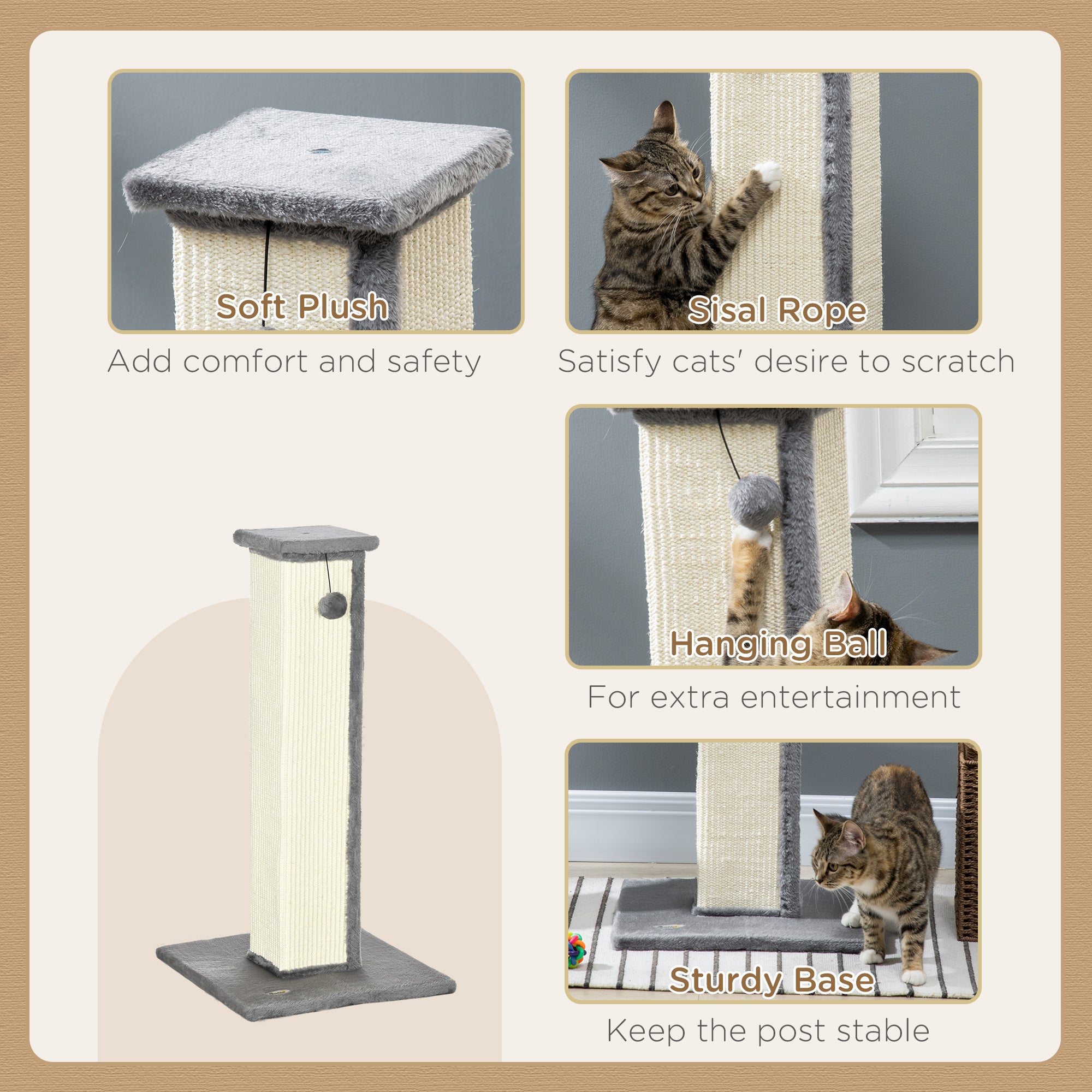 PawHut 81cm Cat Scratcher, Vertical Full Scratcher w/ Natural Sisal Rope, Hanging Ball, Soft Plush - Grey - North Peak Garden Furniture