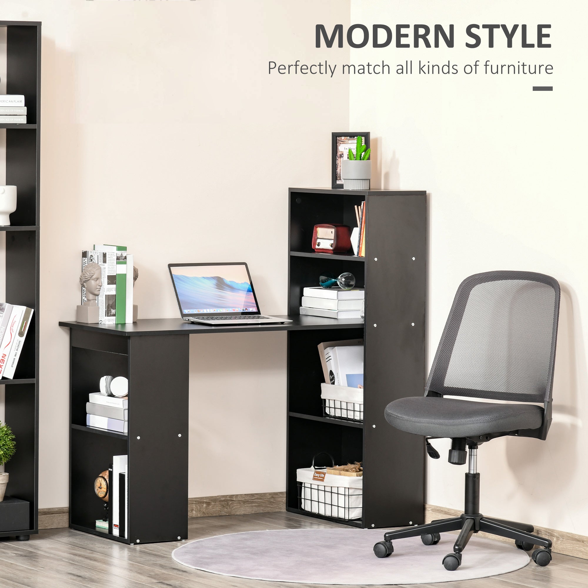 HOMCOM 120cm Modern Computer Desk Bookshelf Study Table Workstation PC Laptop Writing Home Office 6 Shelves Black - North Peak Garden Furniture