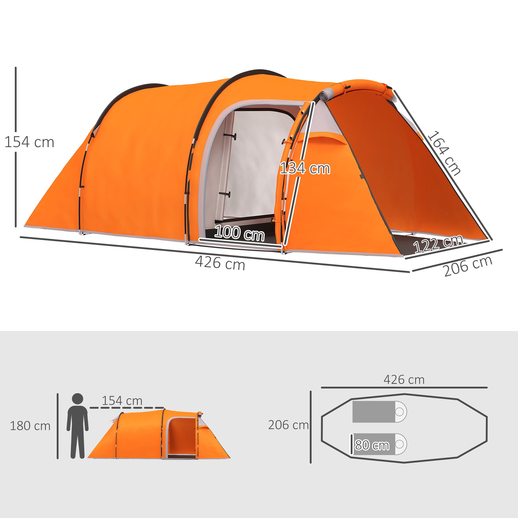 Outsunny 2-3 Man Tunnel Tents w/ Vestibule Camping Tent Porch Air Vents Weather-Resistant Shelter, Orange - North Peak Garden Furniture