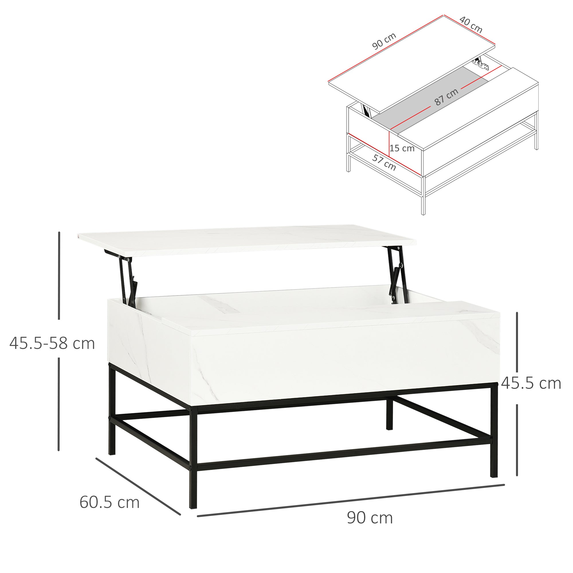 HOMCOM Modern Lifting Coffee Table with Hidden Compartment, Storage Coffee Table for Living Room, Faux Marble White - North Peak Garden Furniture