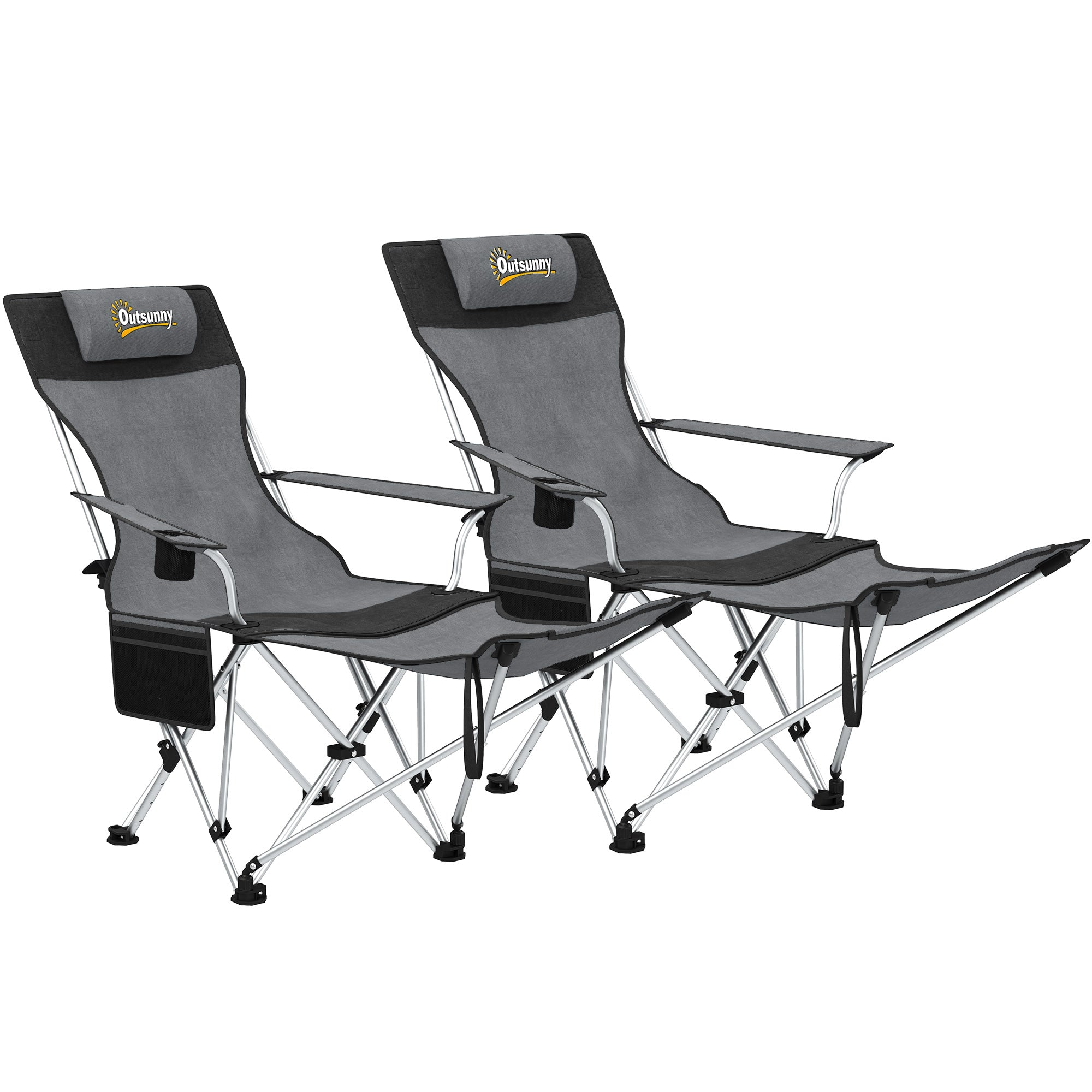 Outsunny Set of 2 Reclining Folding Camping Chair w/ Detachable Footrest, Storage Bag, Cup Holder & Headrest, Lightweight Portable Camp Chair for Beach, Picnic, Grey and Black - North Peak Garden Furniture