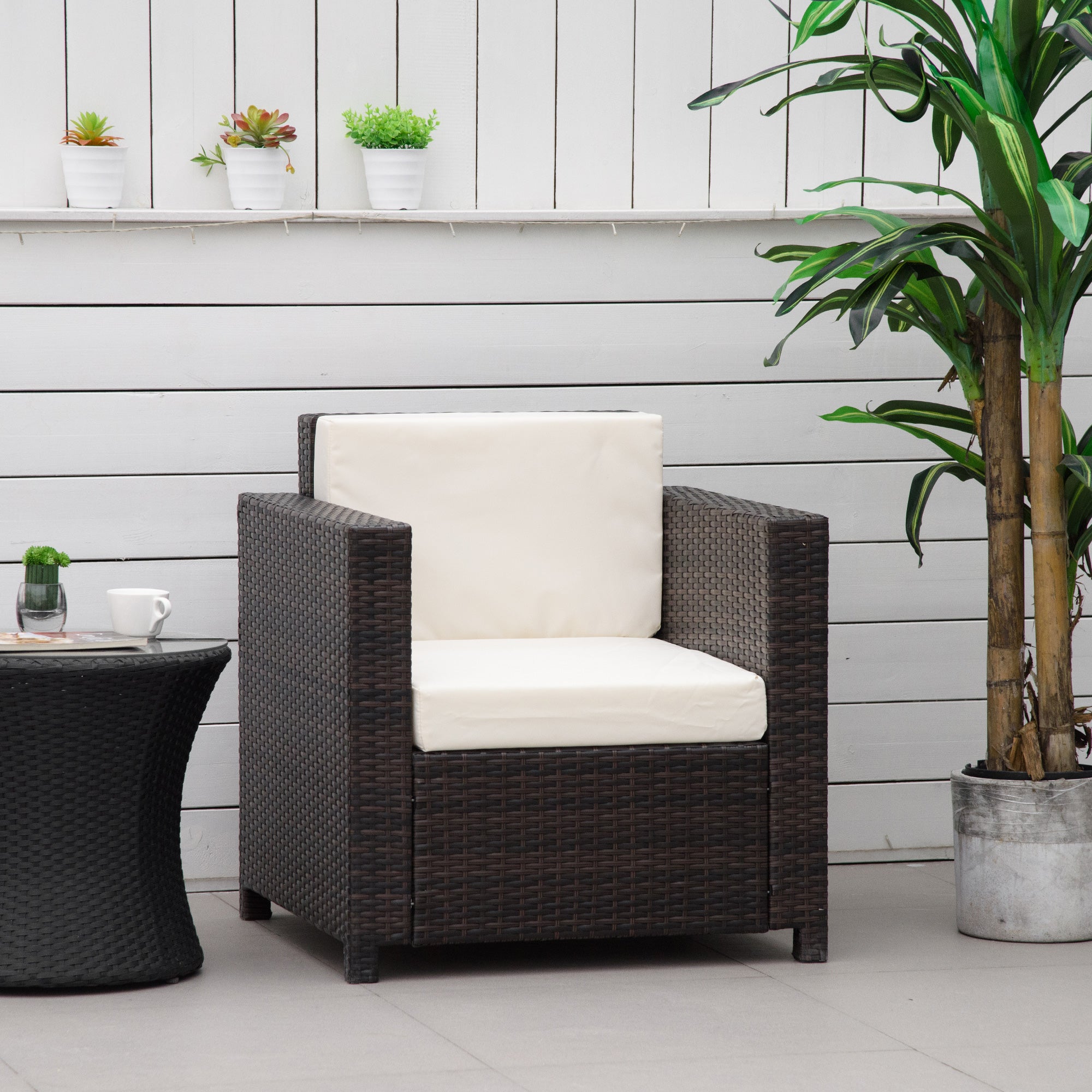 Outsunny Single Seater Rattan Chair Sofa with 10 cm Thick Padded Cushion, All-Weather PE Wicker Weave Garden Armchair with Armrests, Brown - North Peak Garden Furniture