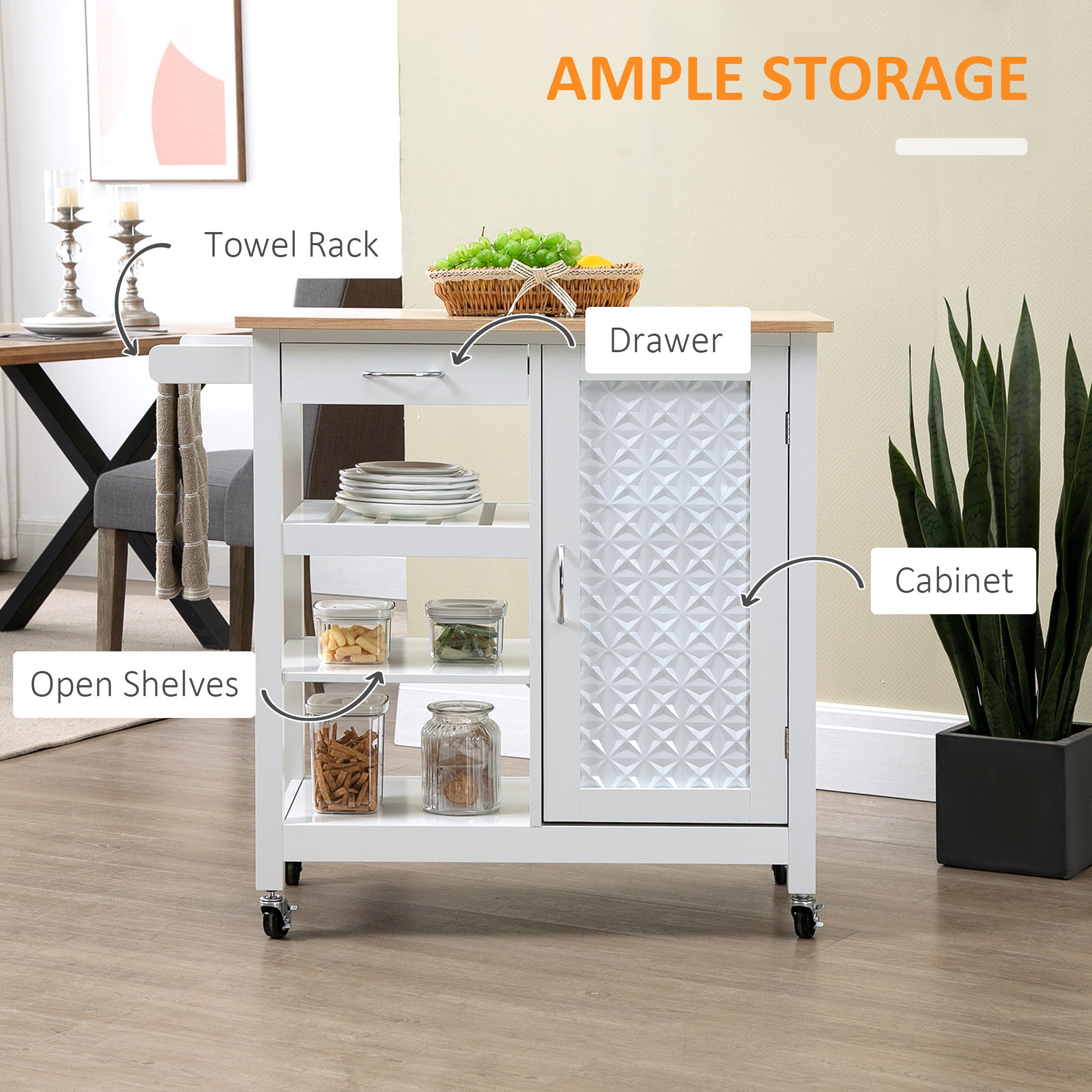 HOMCOM Kitchen Trolley, Kitchen Island on Wheels with Embossed Door Panel, Utility Kitchen Cart with 3 Storage Shelves, White - North Peak Garden Furniture