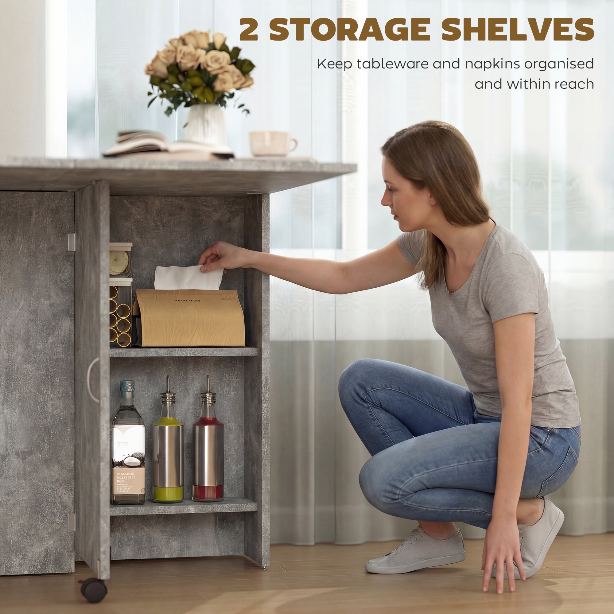 HOMCOM Folding Dining Table, Drop Leaf Table for Small Spaces with 2-tier Shelves, Small Kitchen Table with Rolling Casters, Cement Grey